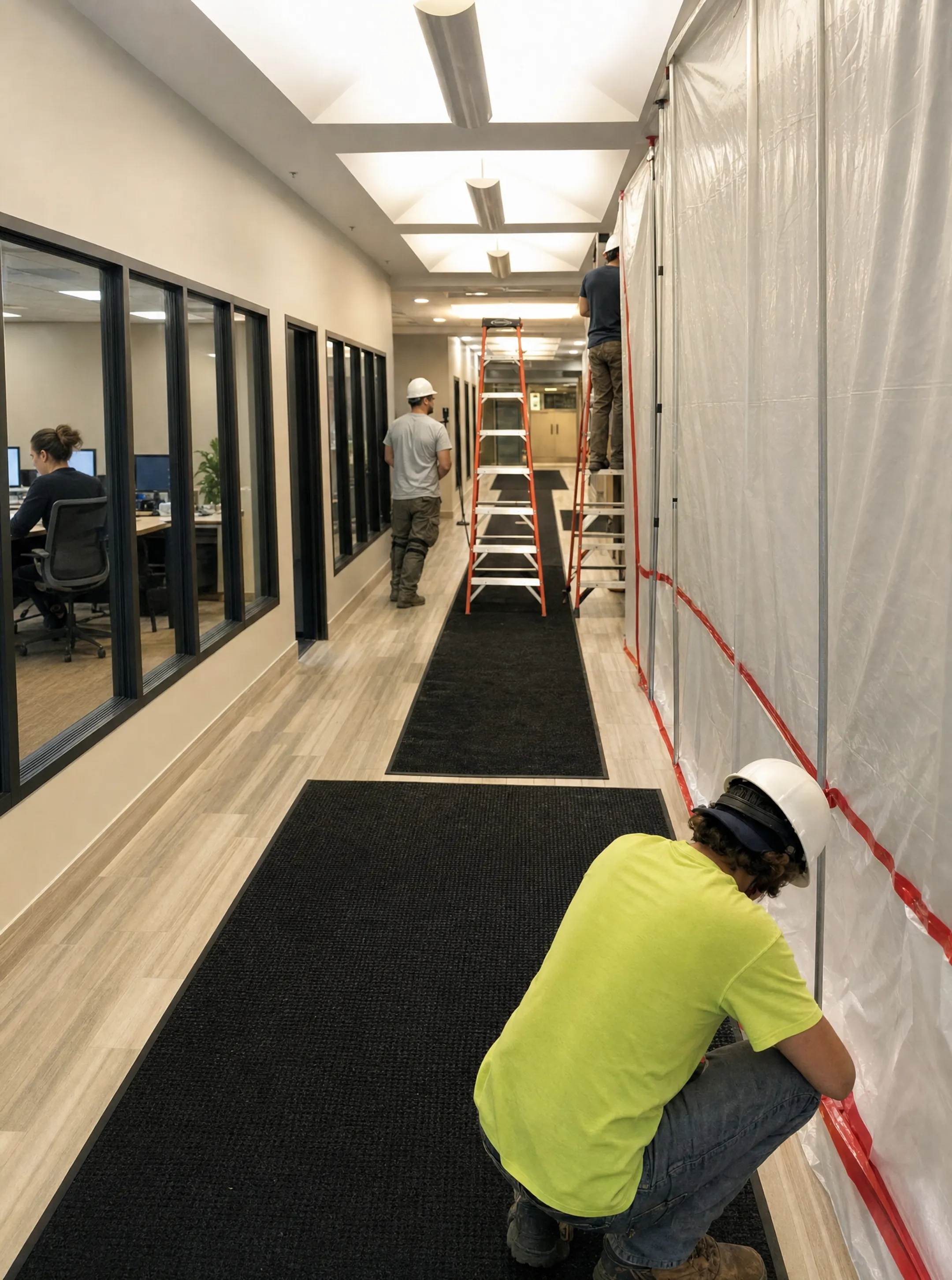 Commercial construction crew working in phased occupied retail space