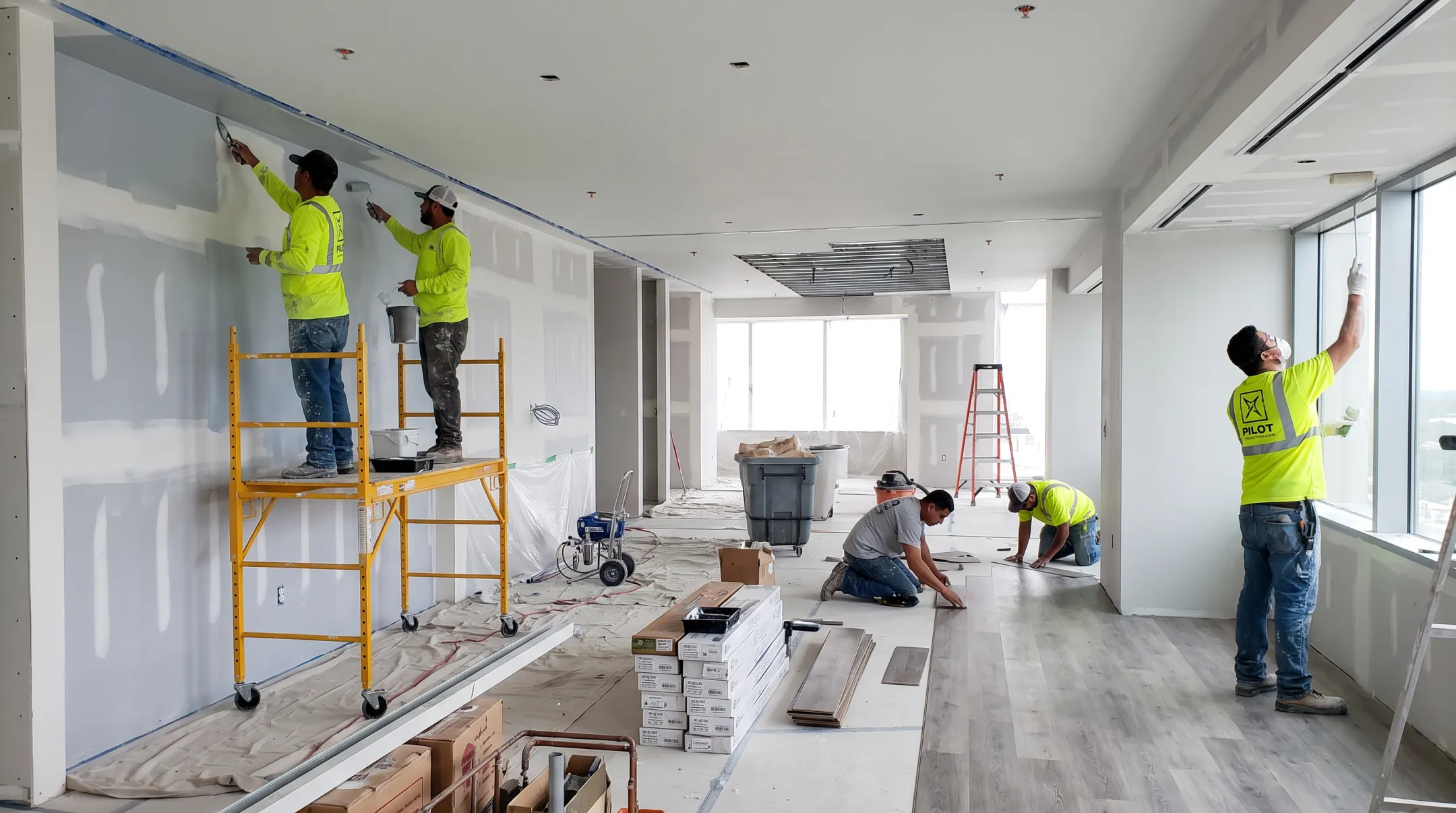 Commercial contractor team performing tenant improvement buildout work