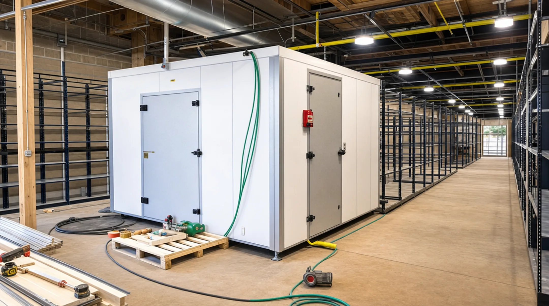 Grocery store refrigeration units and shelving during retail construction buildout