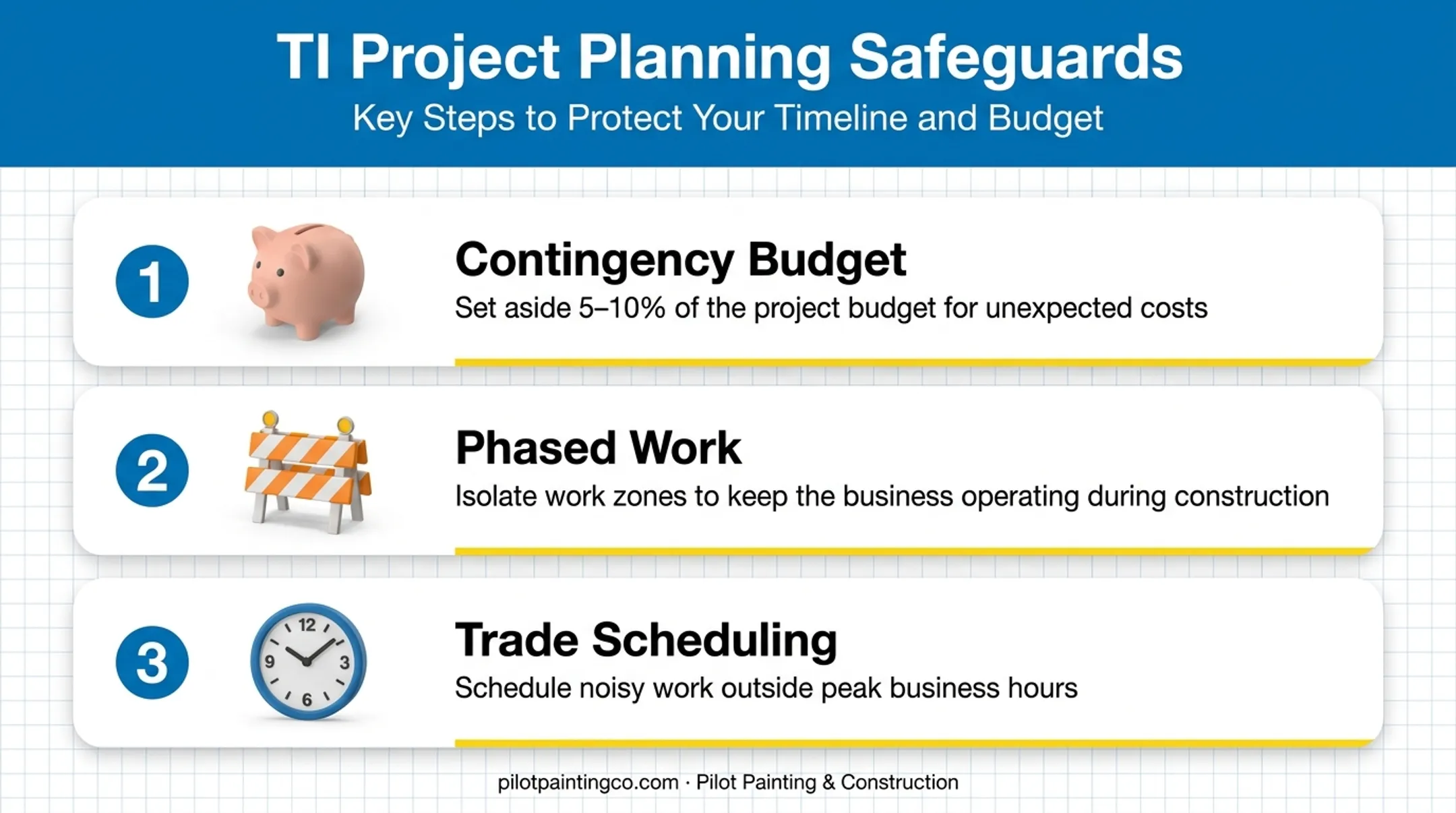Commercial TI project planning checklist covering permits contingency and live operations