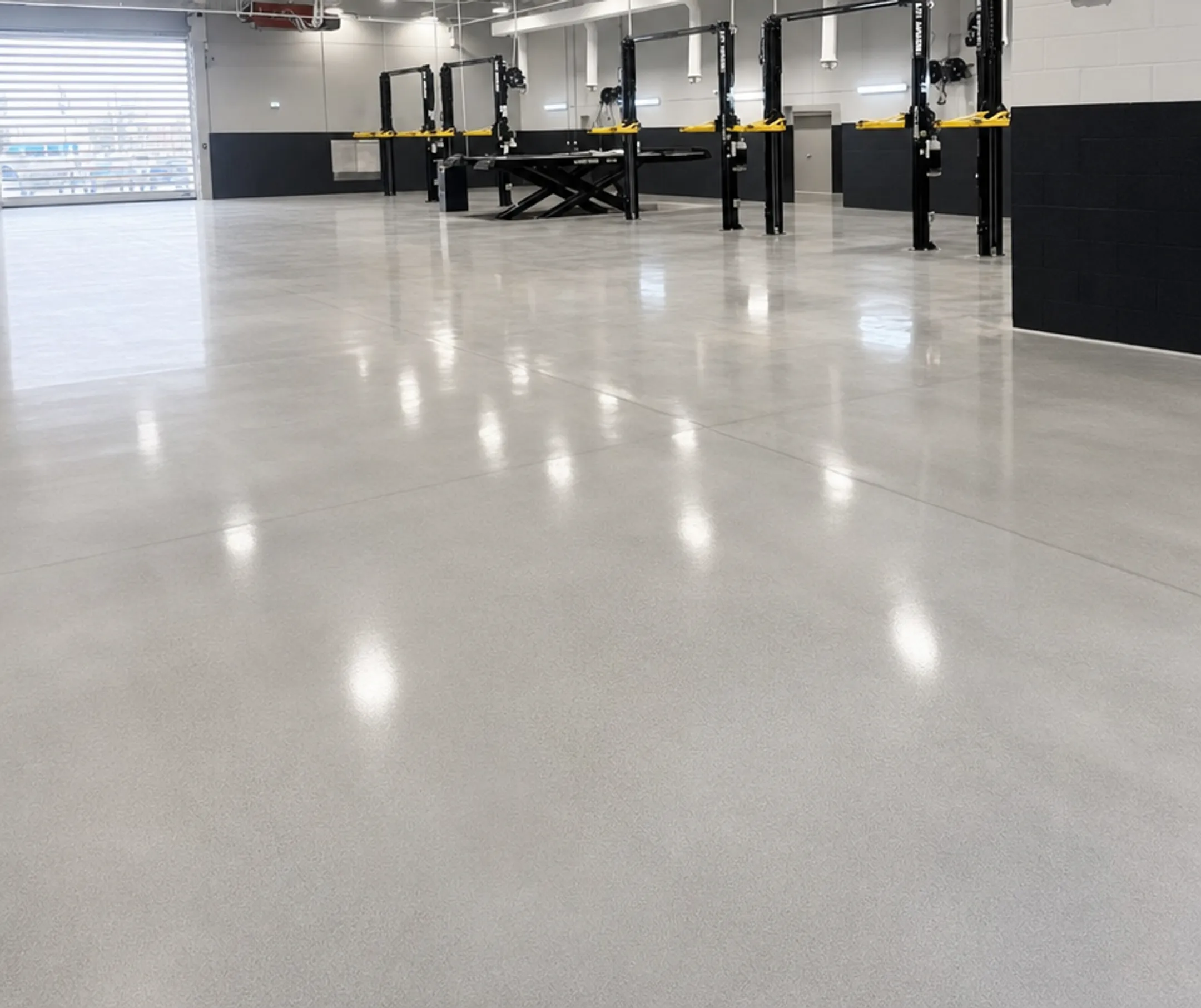 Polished concrete shop floor reflecting overhead lighting in industrial garage