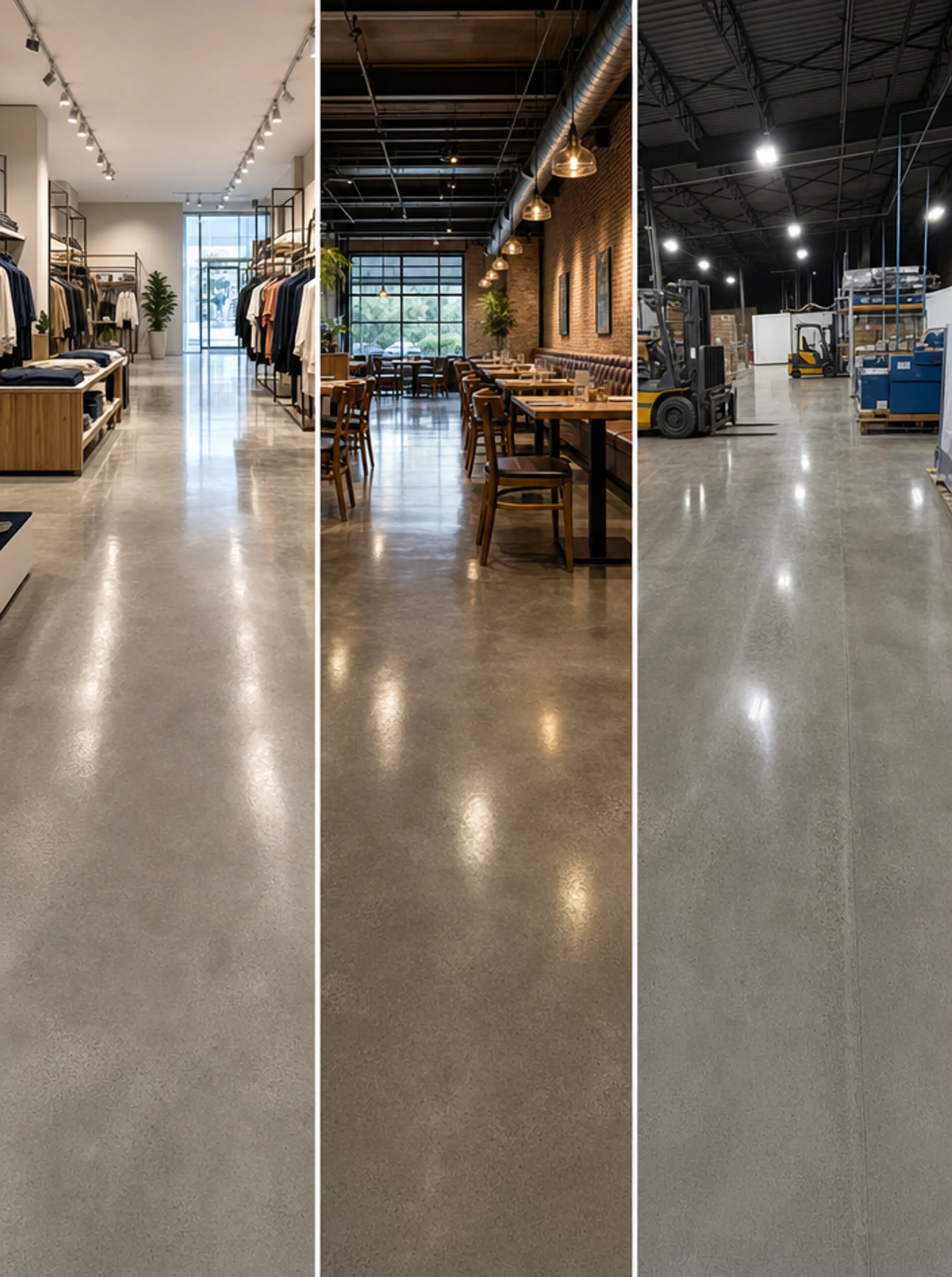 Polished concrete flooring installed in retail warehouse and restaurant settings