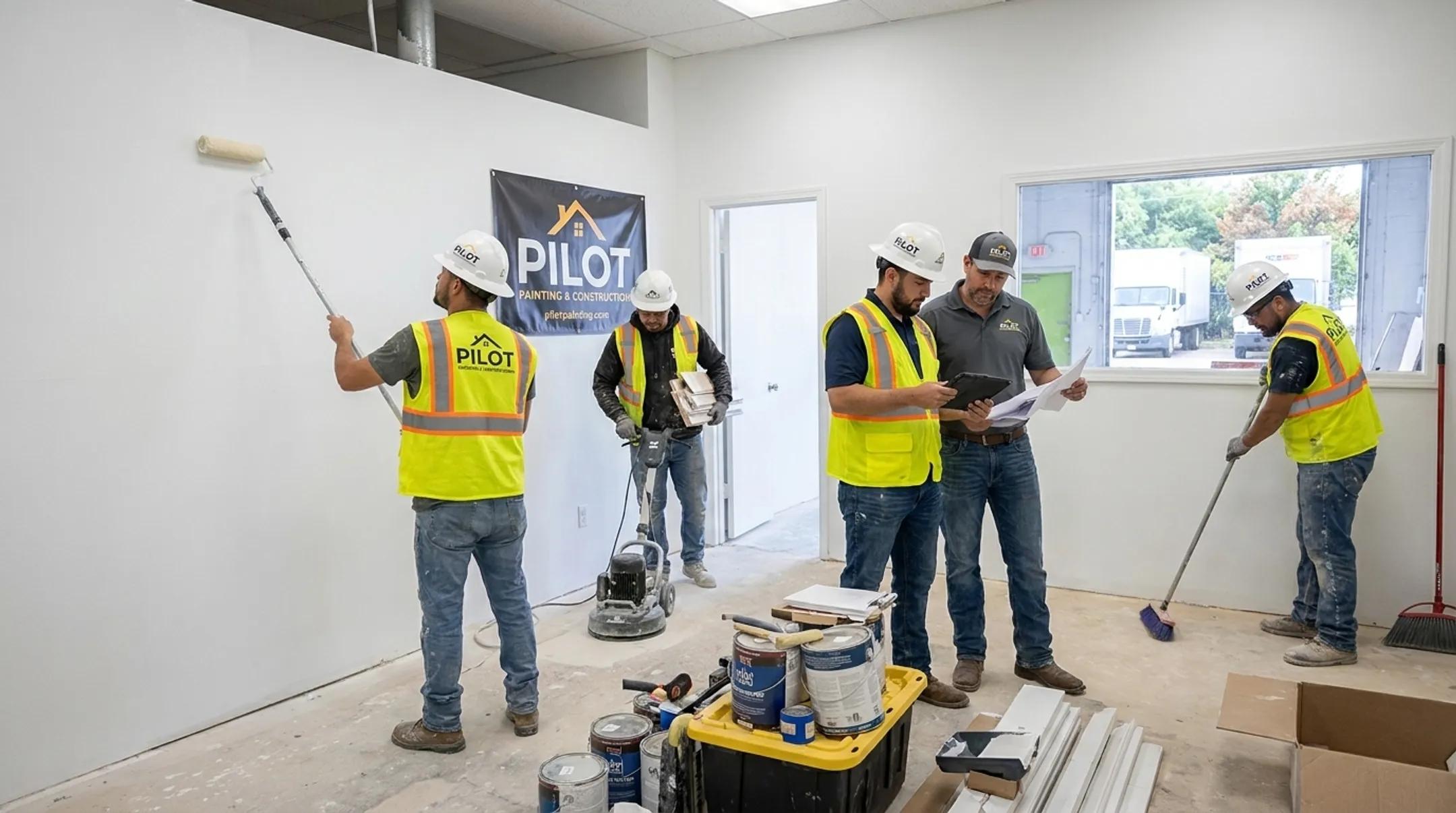 Pilot Painting and Construction crew working on commercial job site