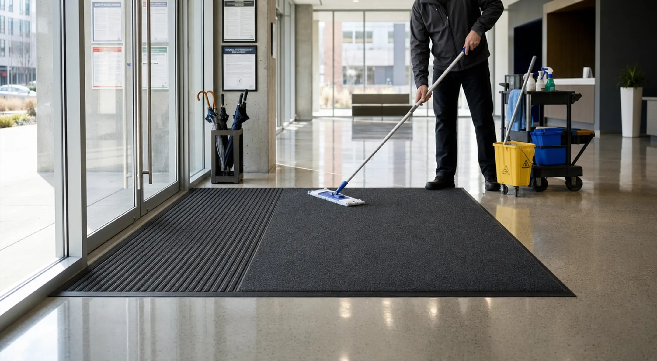 Entry mat and cleaning supplies maintaining polished concrete floor safety