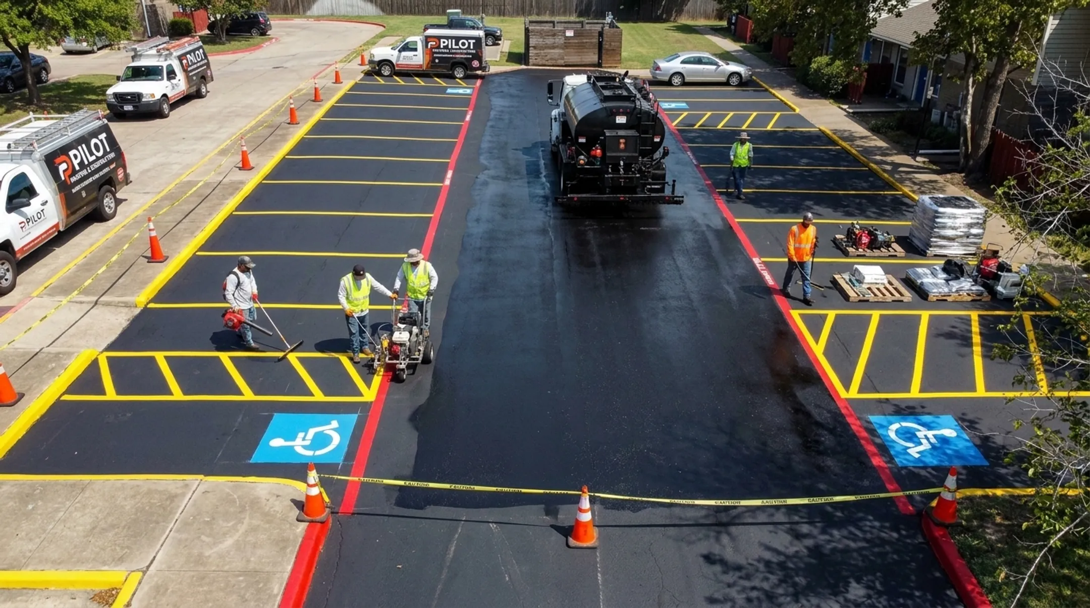 Pilot Painting crew performing commercial parking lot sealcoating and striping