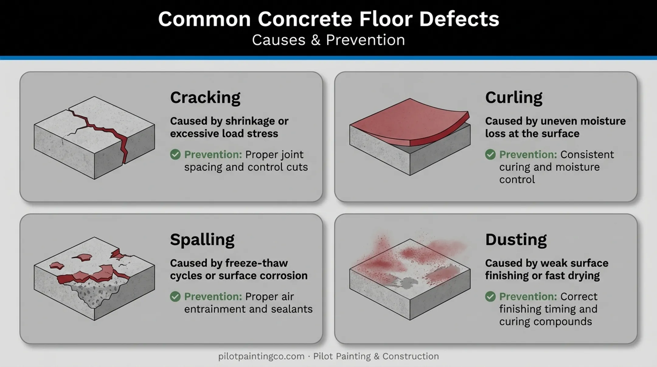 Common industrial concrete floor defects cracking curling spalling dusting