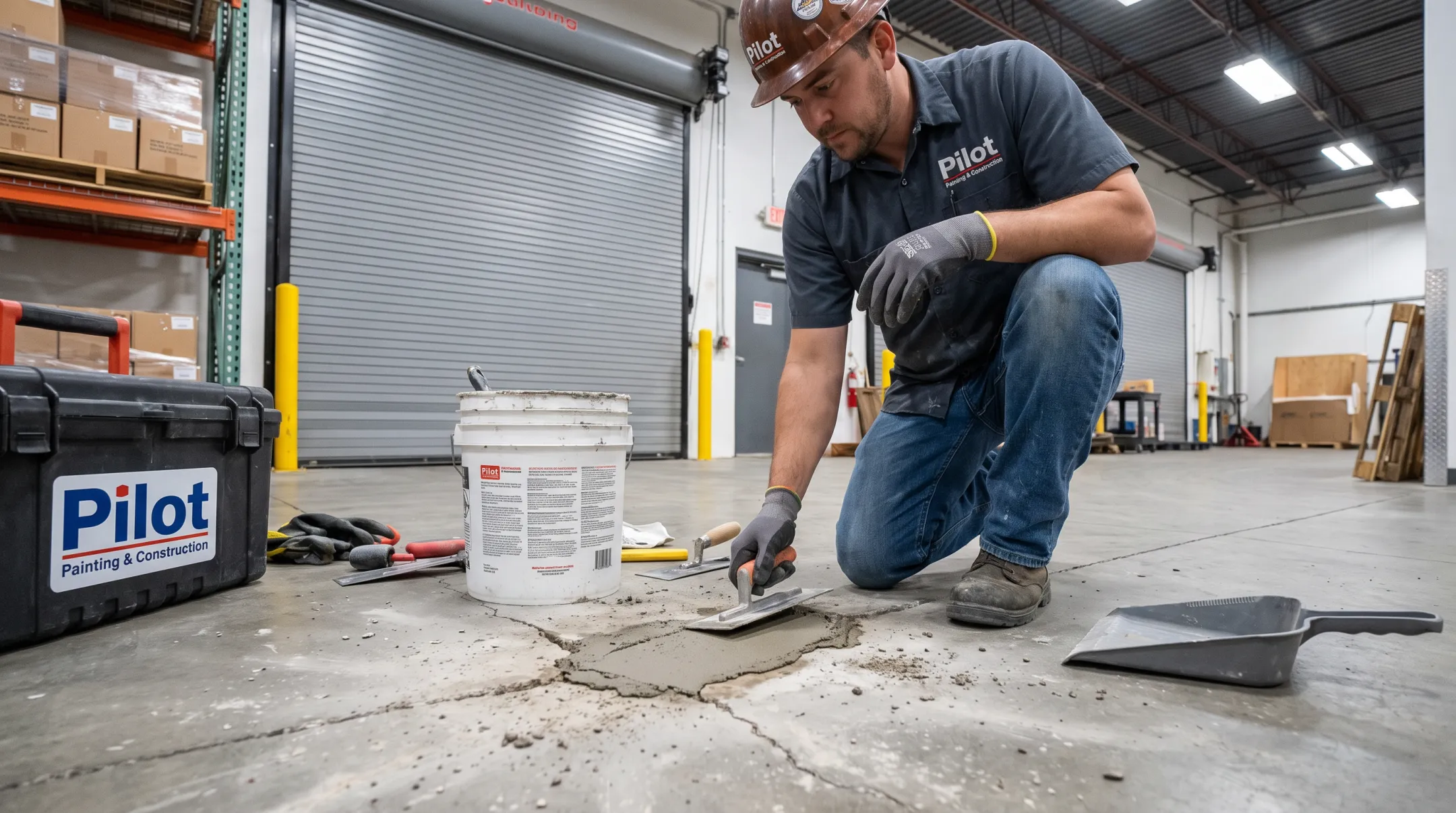 Pilot Painting technician performing concrete floor crack repair on commercial site