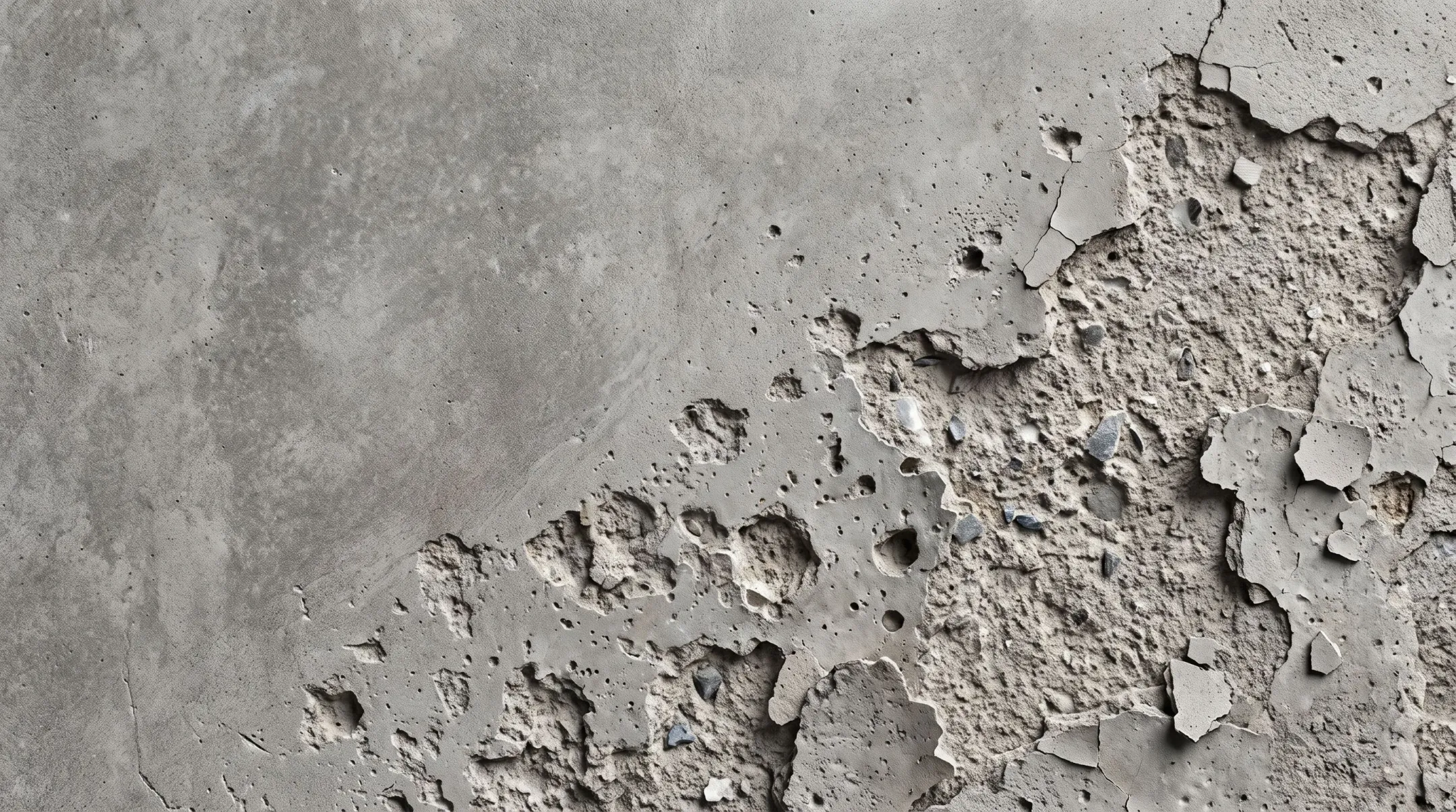 Close-up of spalled and pitted concrete surface showing deterioration