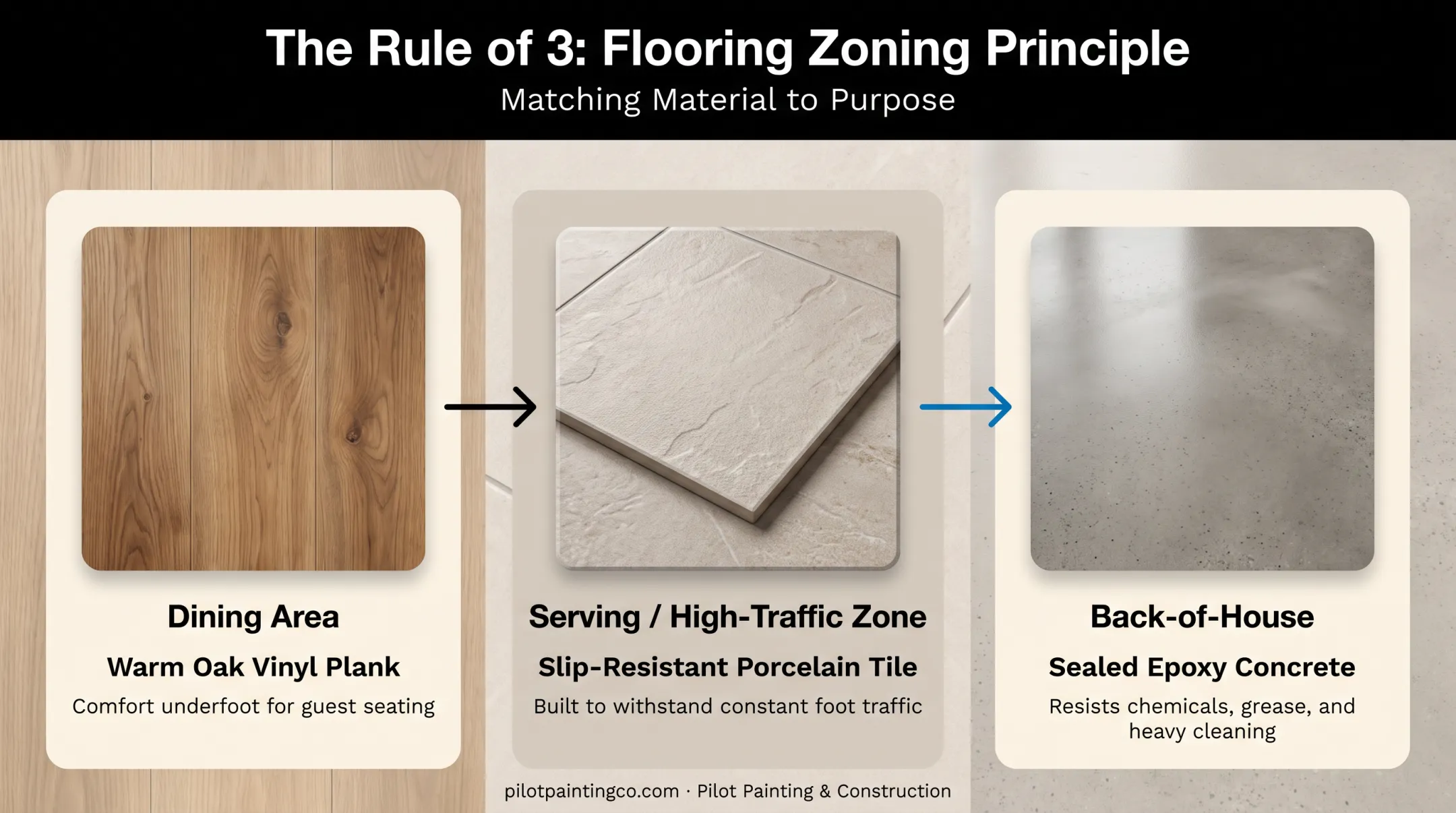 Rule of three flooring design principle applied to cafeteria zones