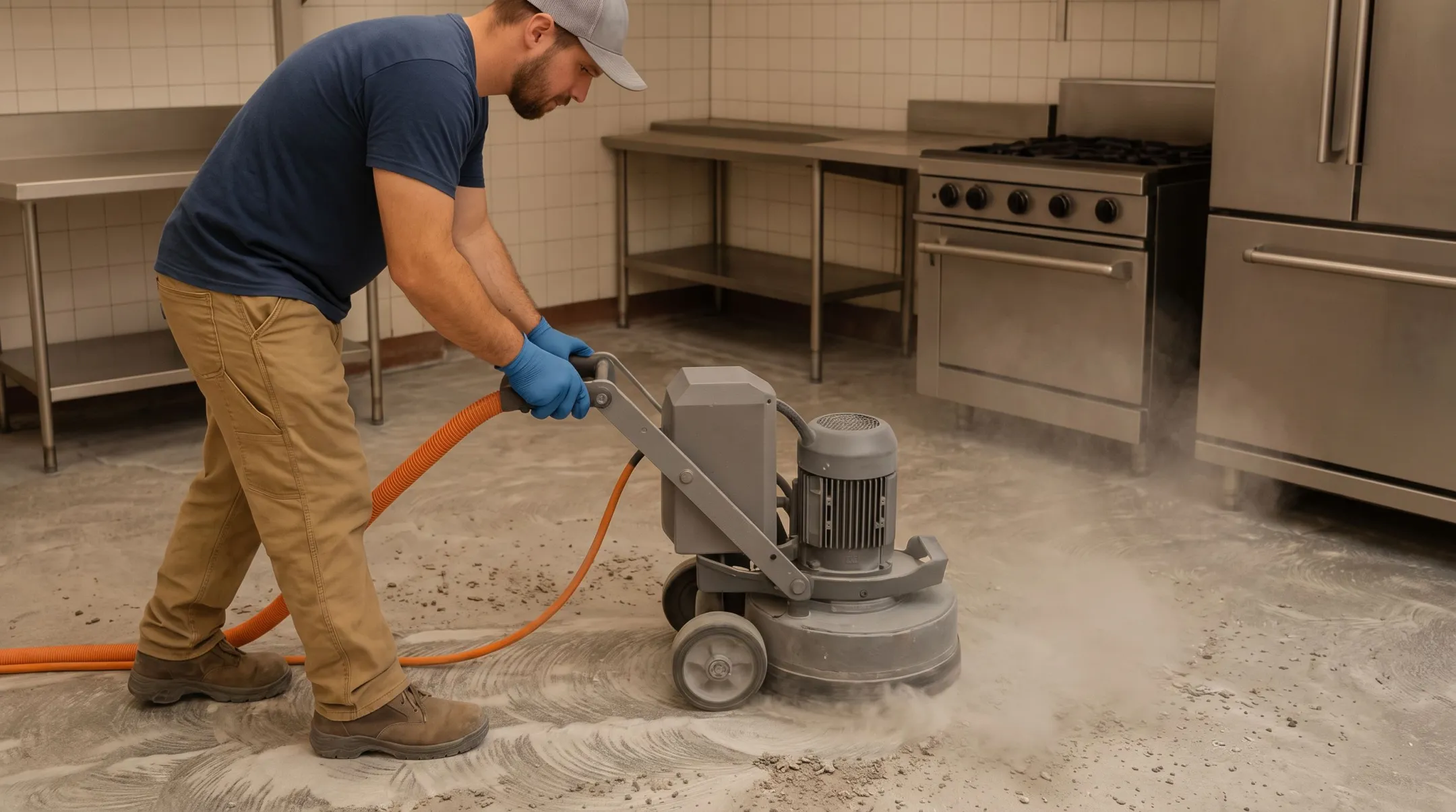 Worker preparing concrete subfloor before epoxy coating installation