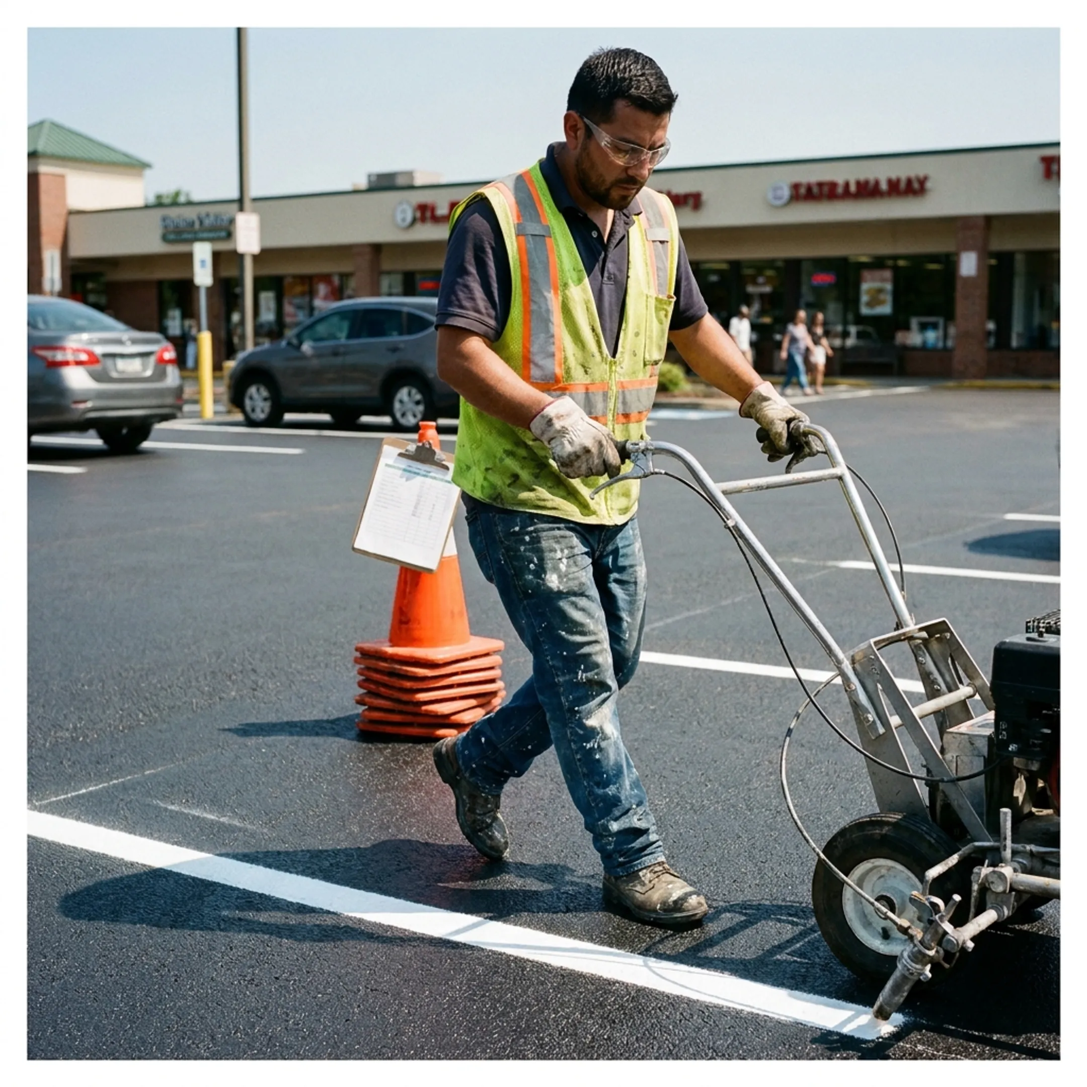 Contractor striping a commercial parking lot