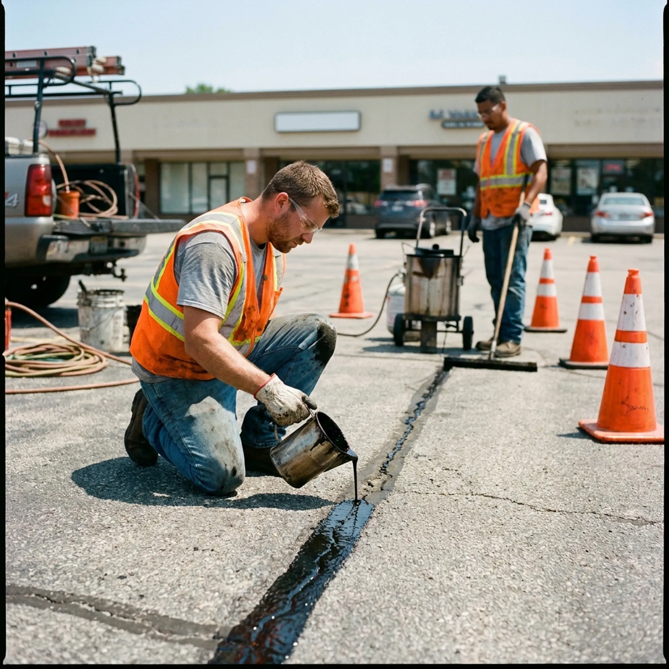 Crew repairing a commercial asphalt surface