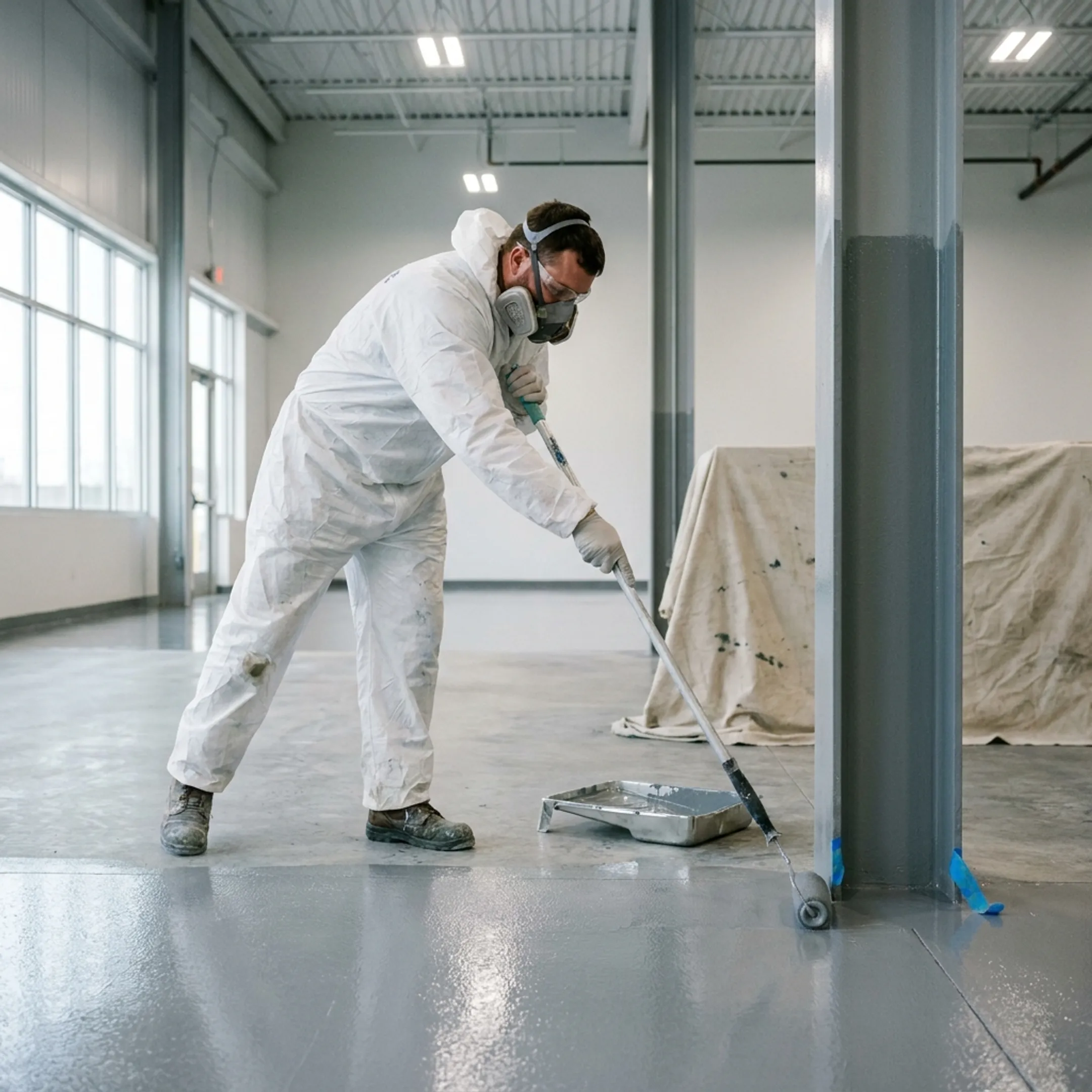 Painter applying coating inside an industrial facility