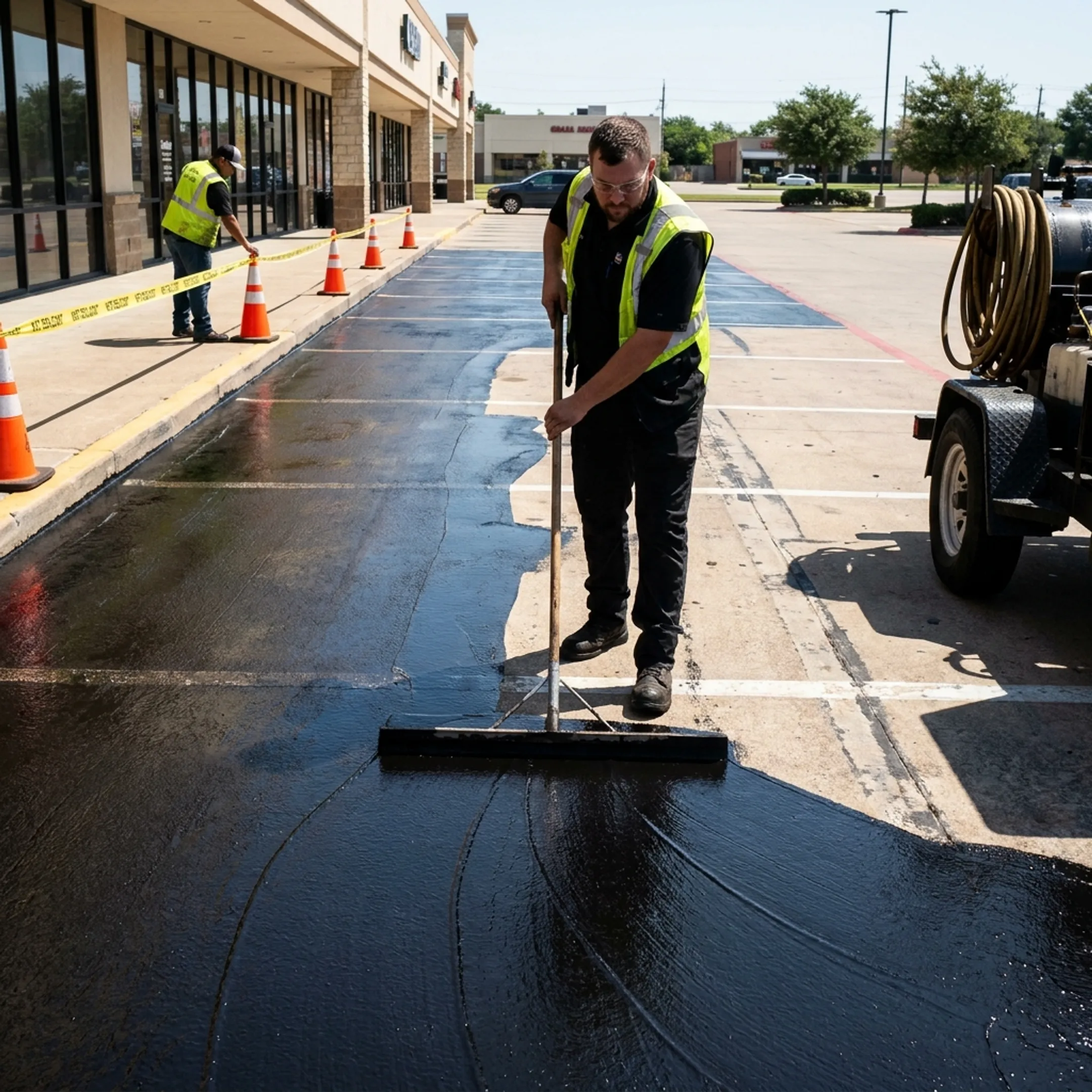 Contractor applying sealcoat to a commercial parking lot