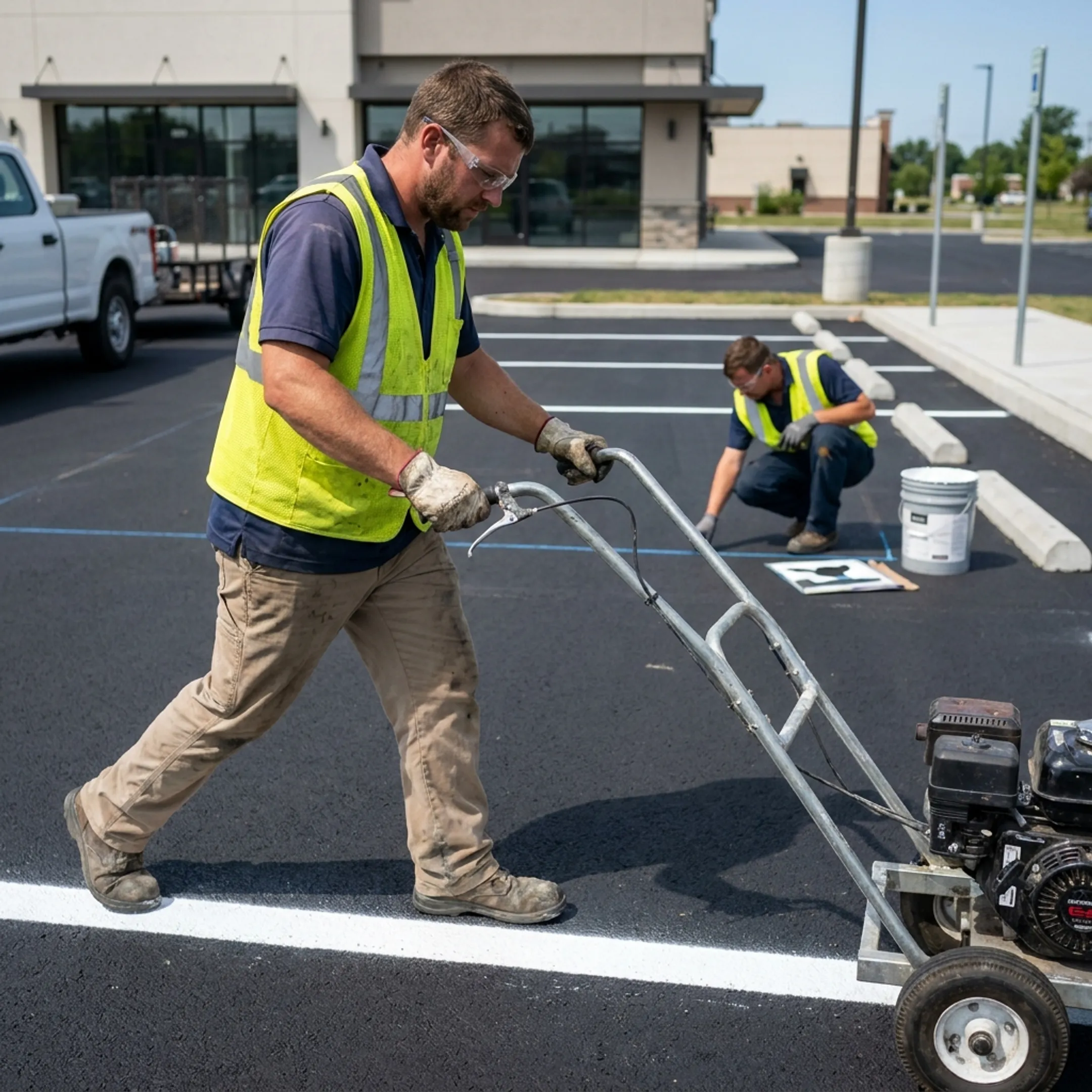 Crew painting crisp parking lot lines