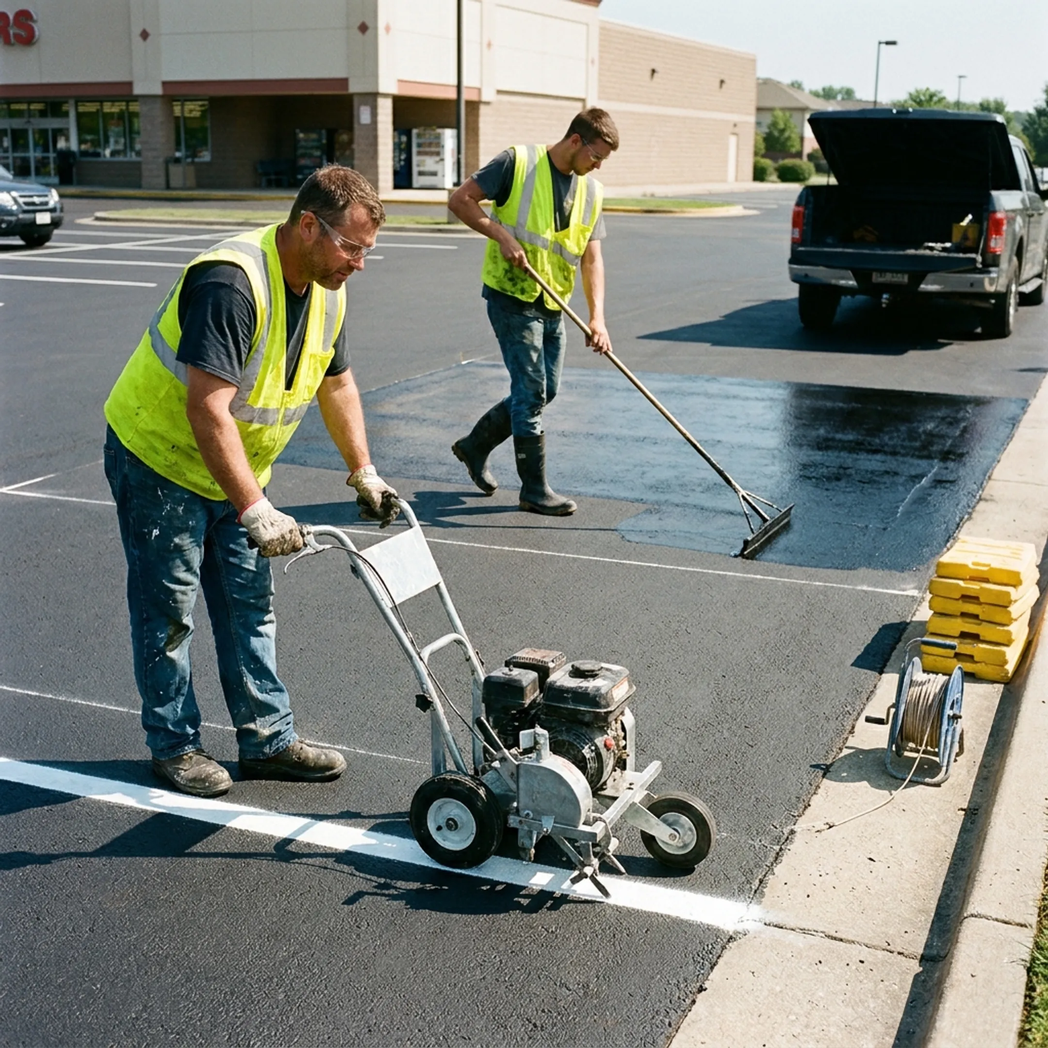 Crew applying seal coat and parking lines