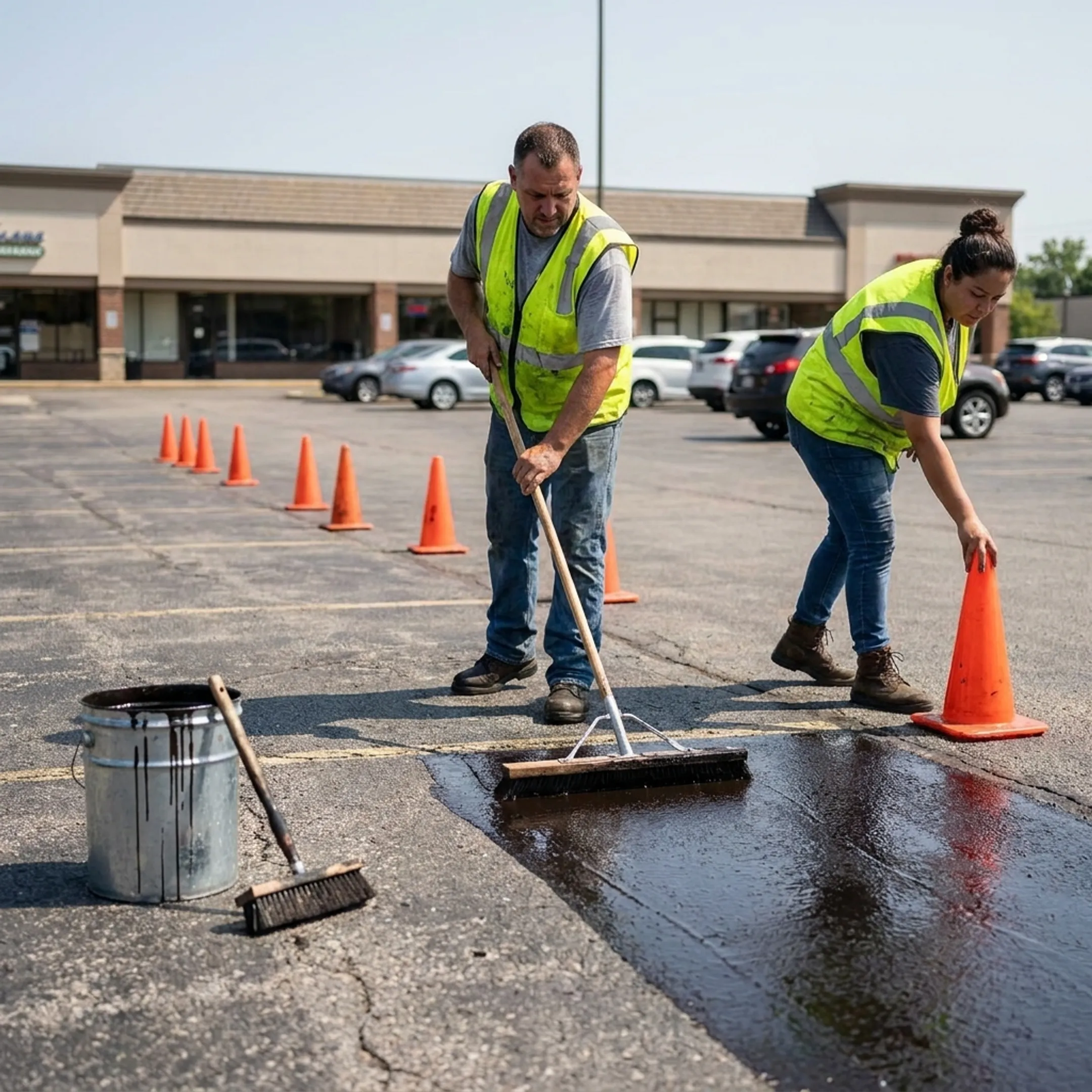 Crew applying protective coating to commercial asphalt