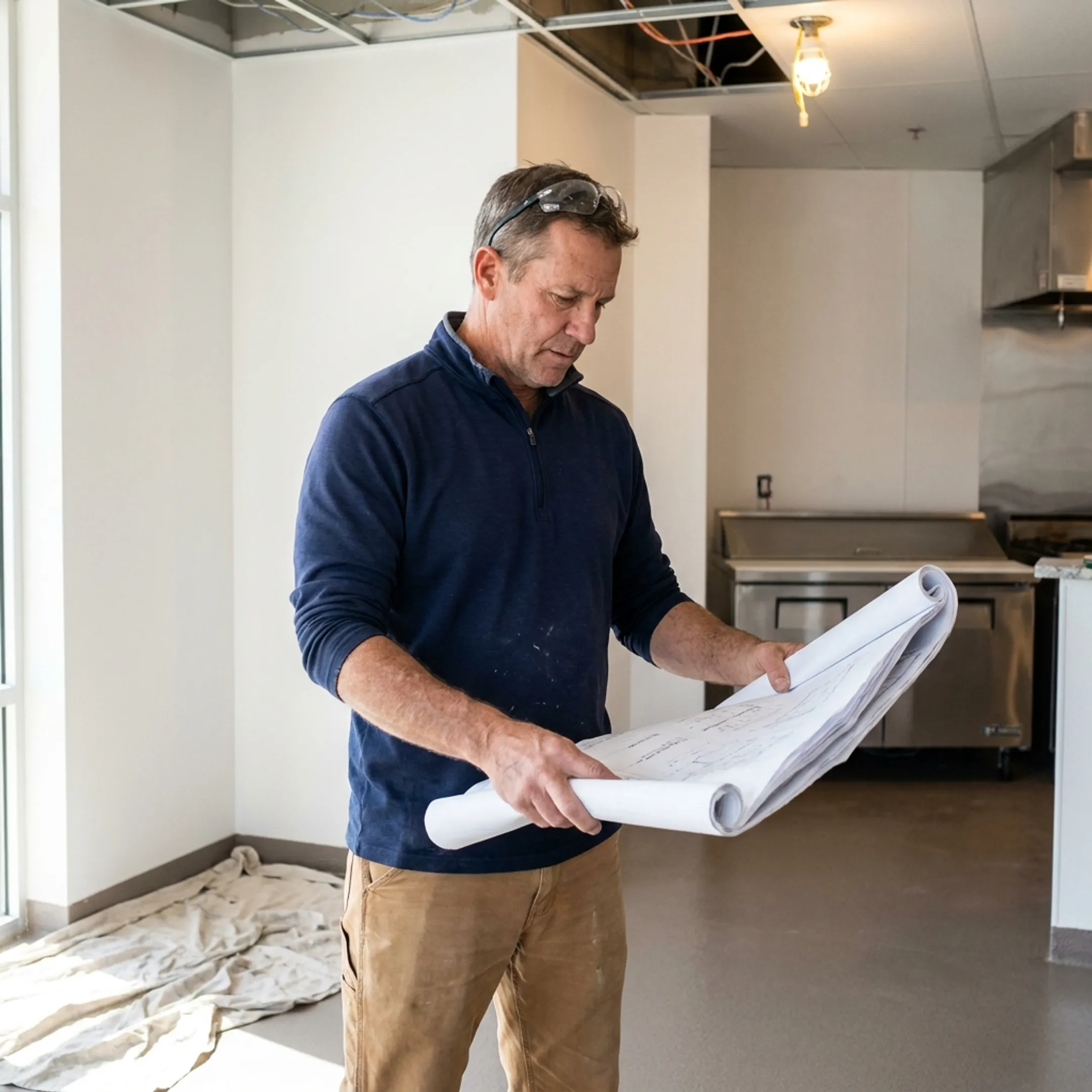 Commercial contractor improving a restaurant kitchen space