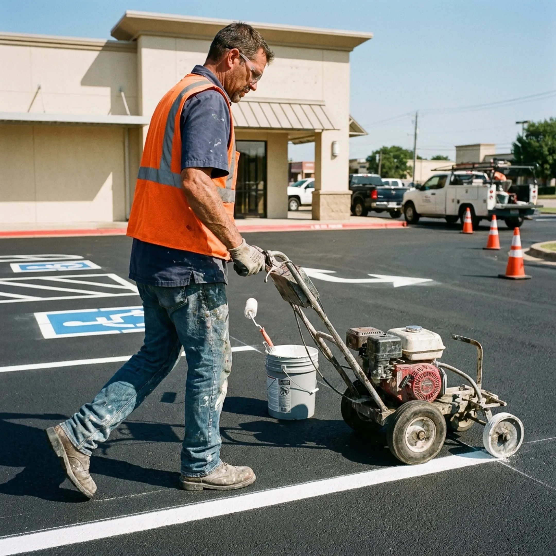 Contractor applying parking lot lines