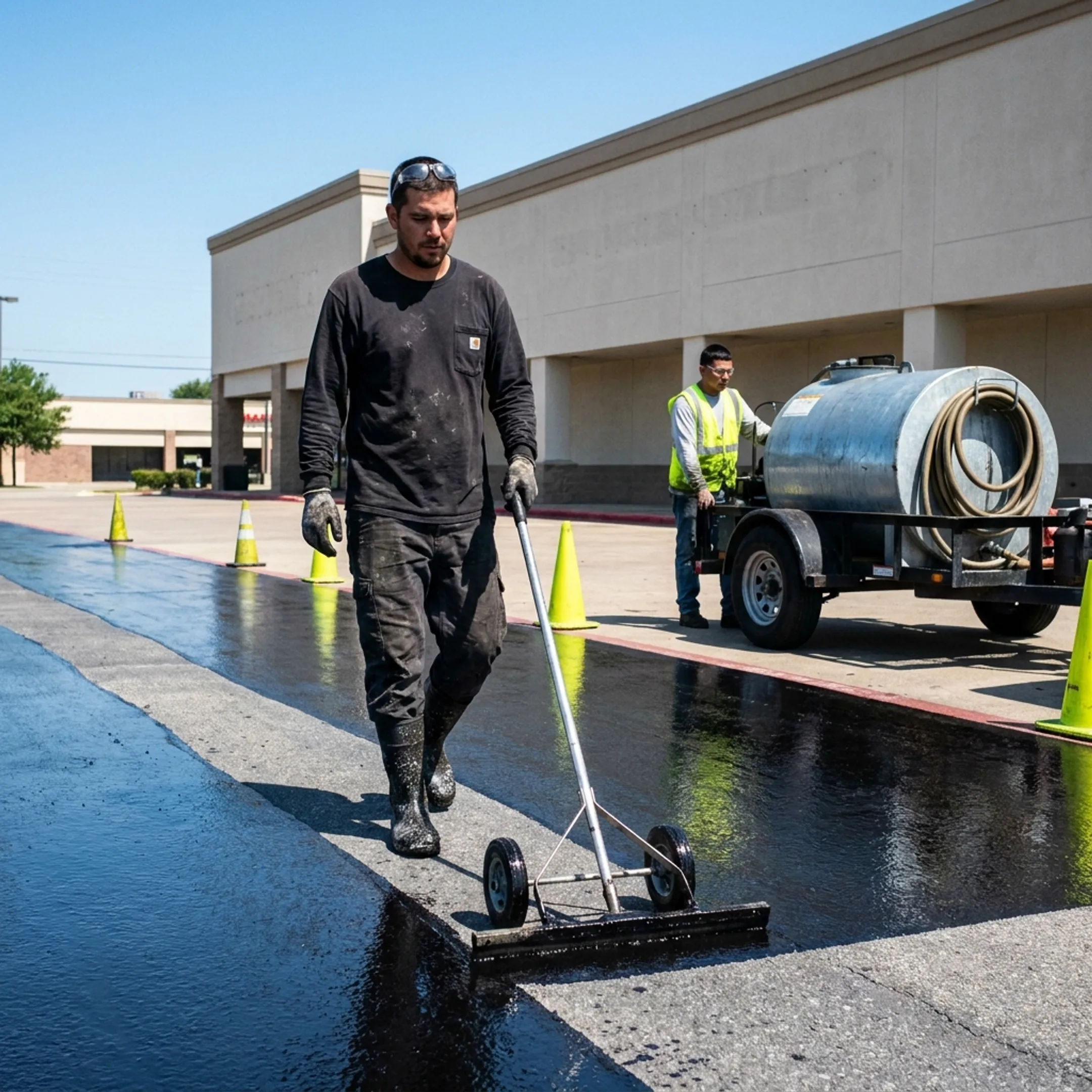 Contractor applying sealcoat to asphalt