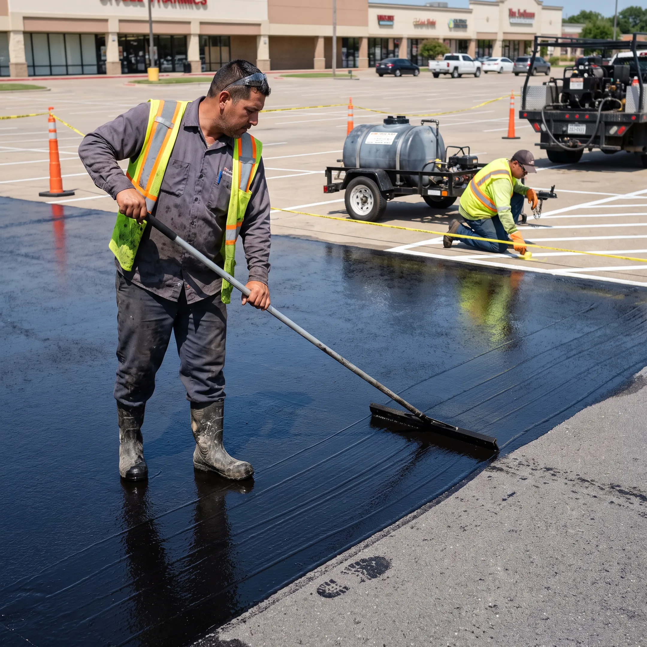 Freshly sealcoated commercial parking lot