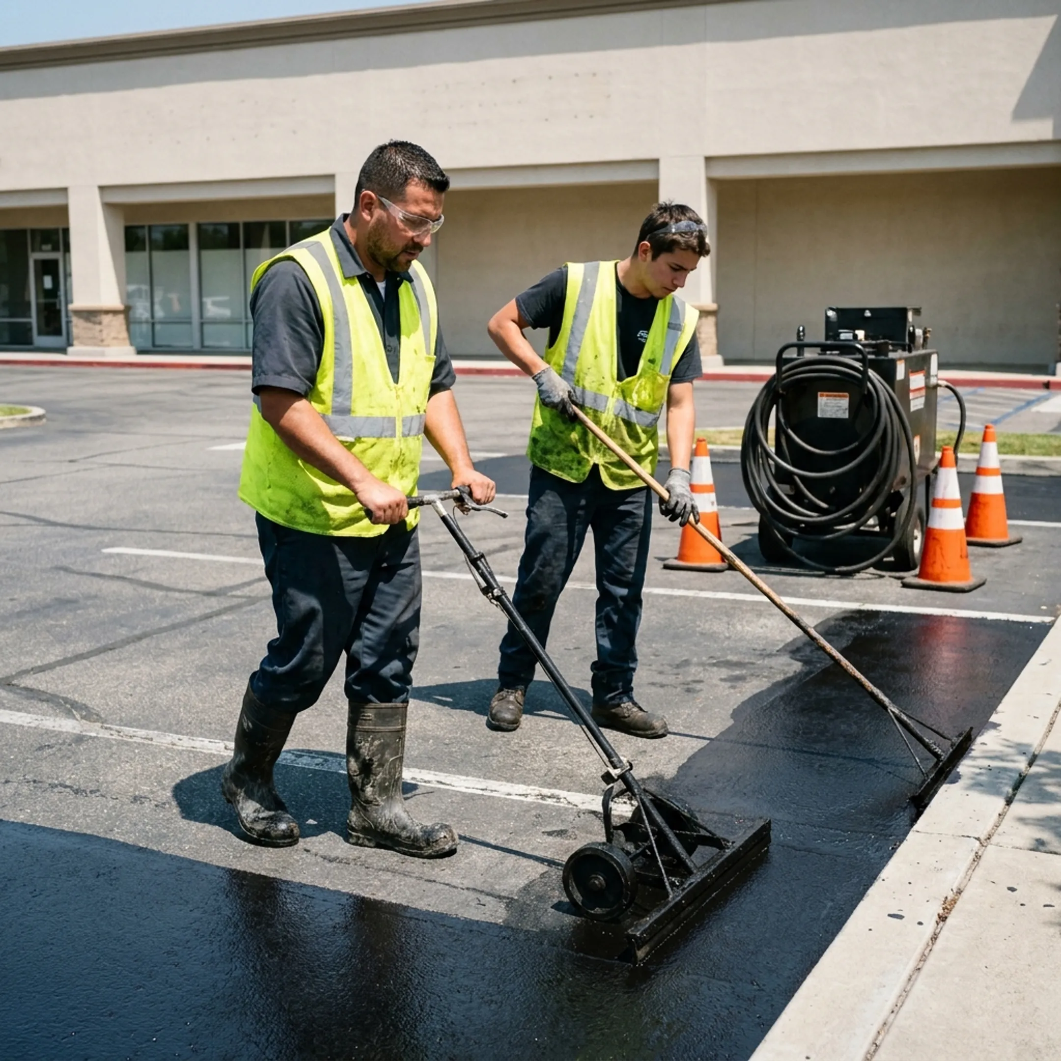 Crew applying sealcoat to a business parking lot