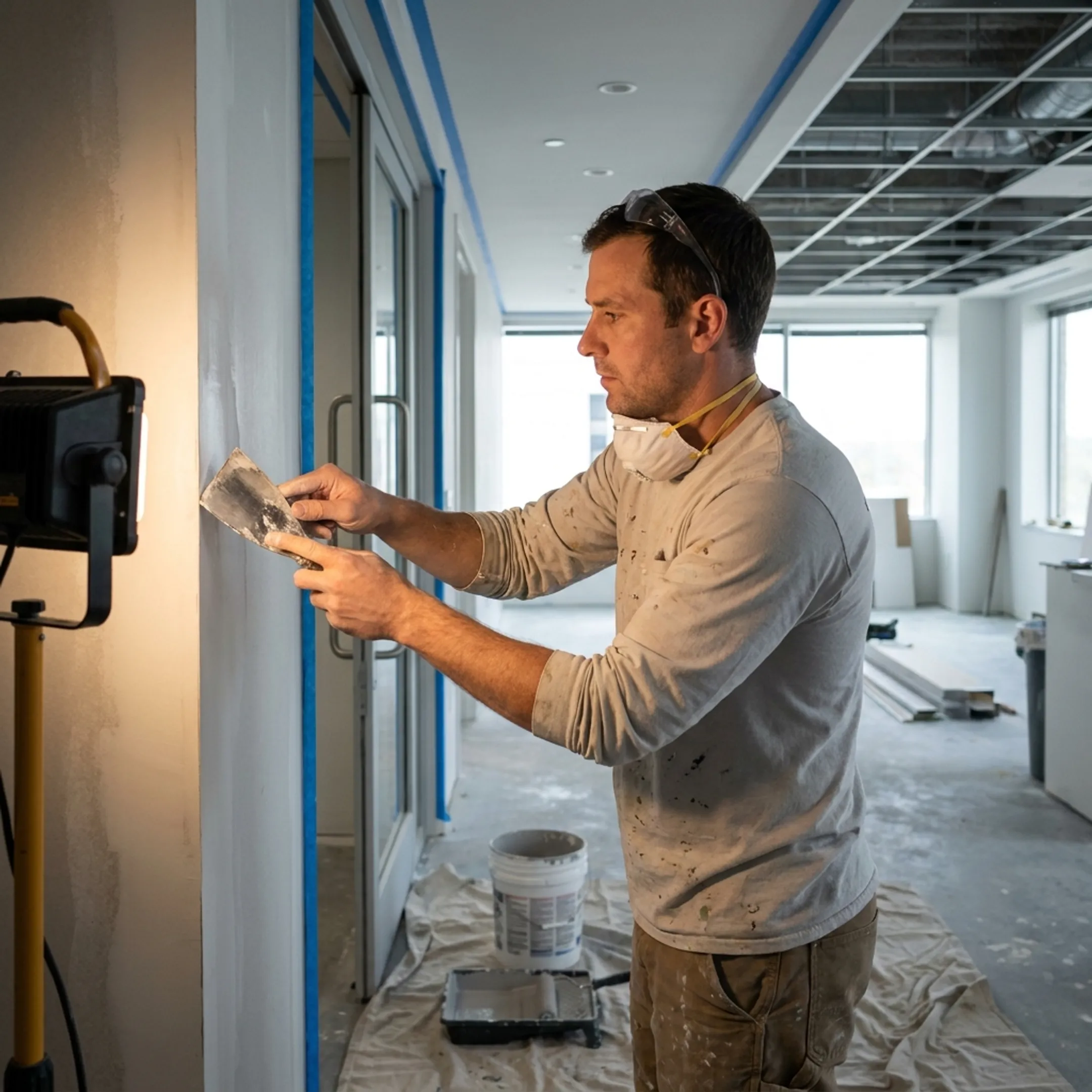 Painter preparing a commercial interior wall
