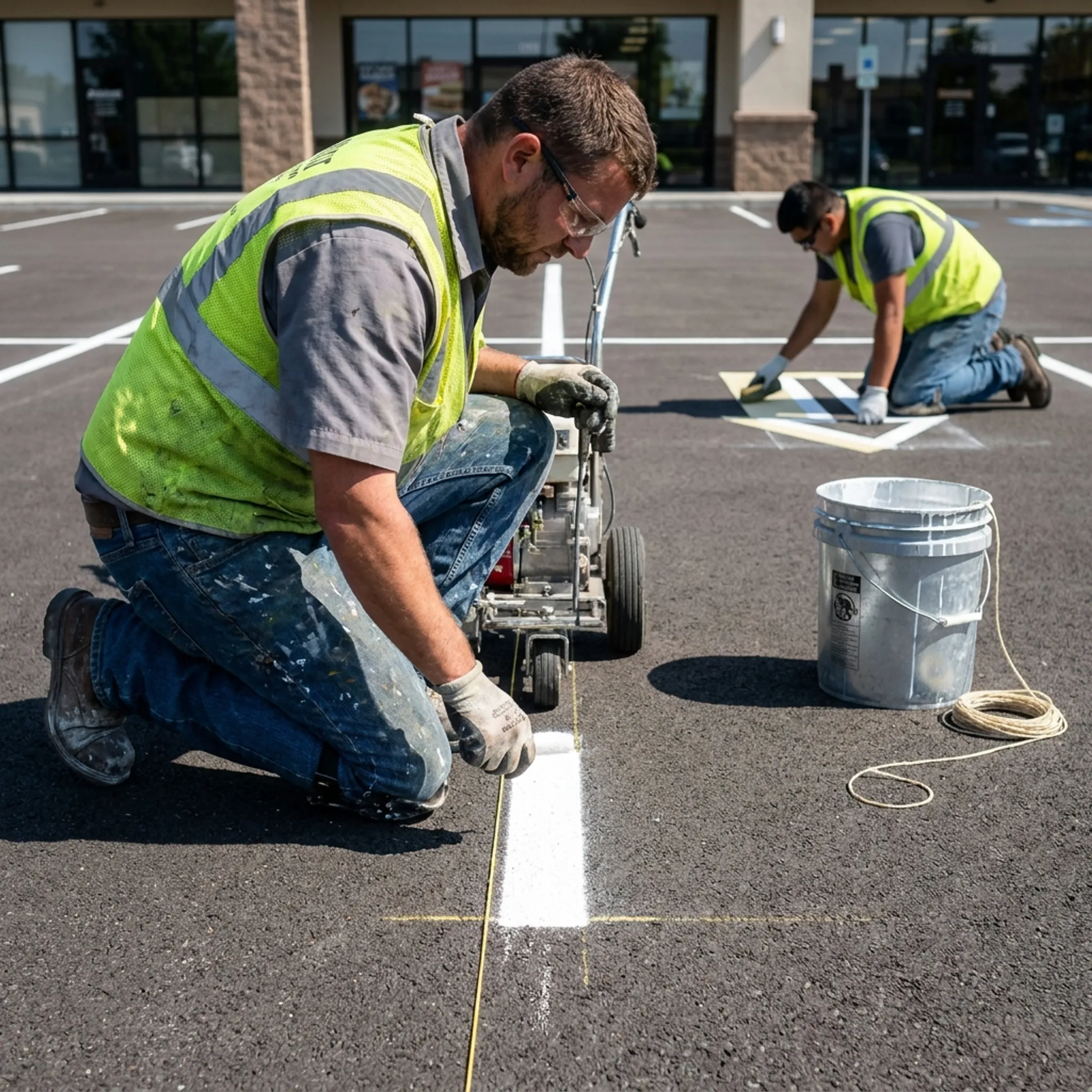 Crew applying fresh parking lot striping