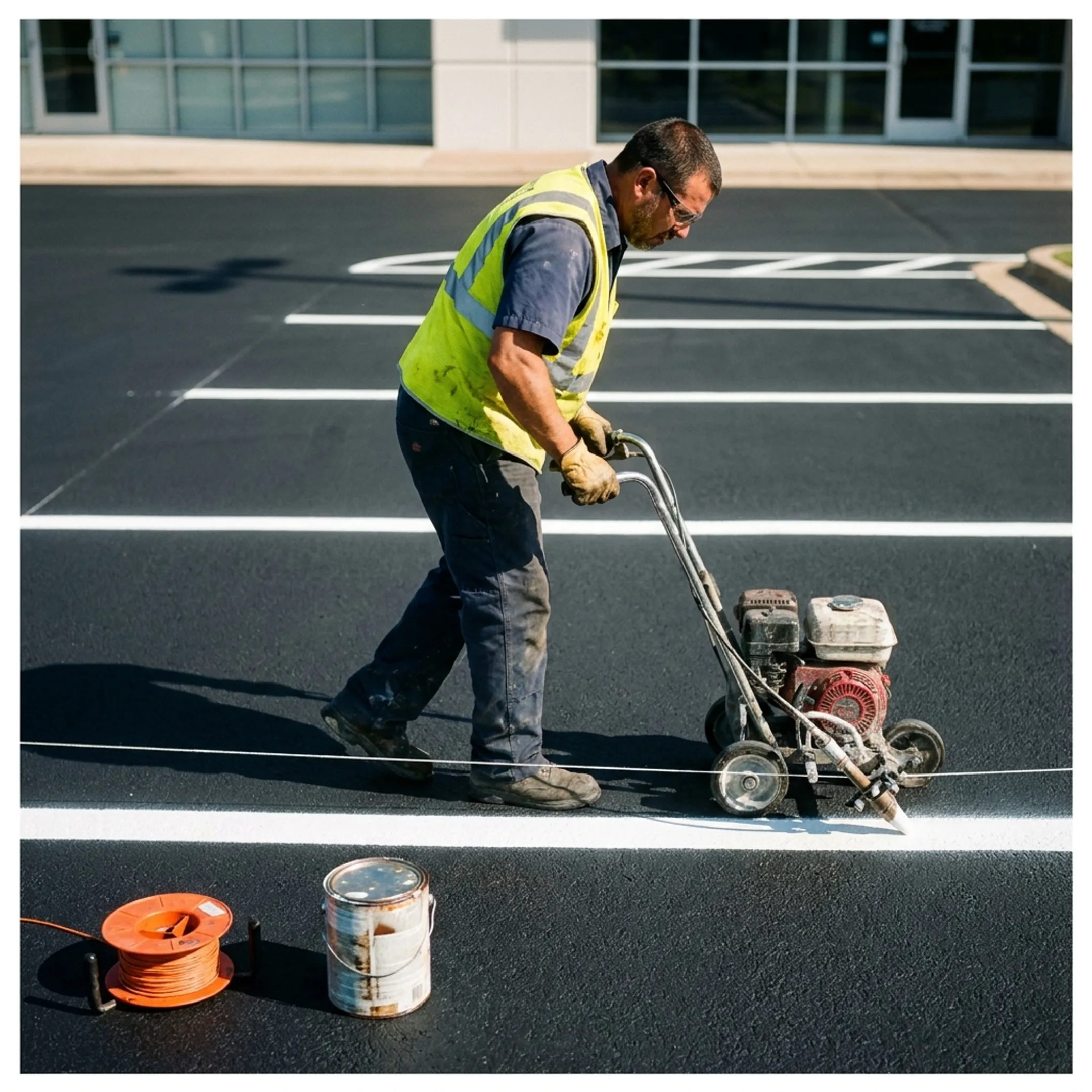 Contractor striping parking lot lines