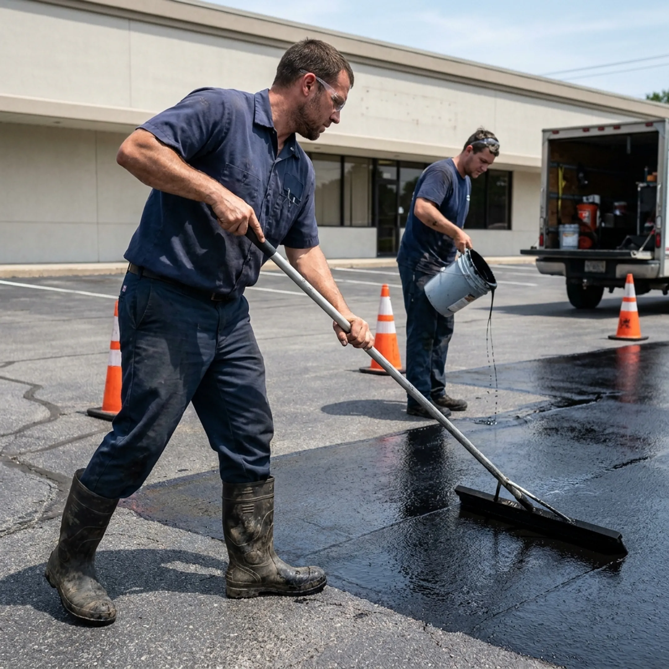 Crew applying seal coating to asphalt