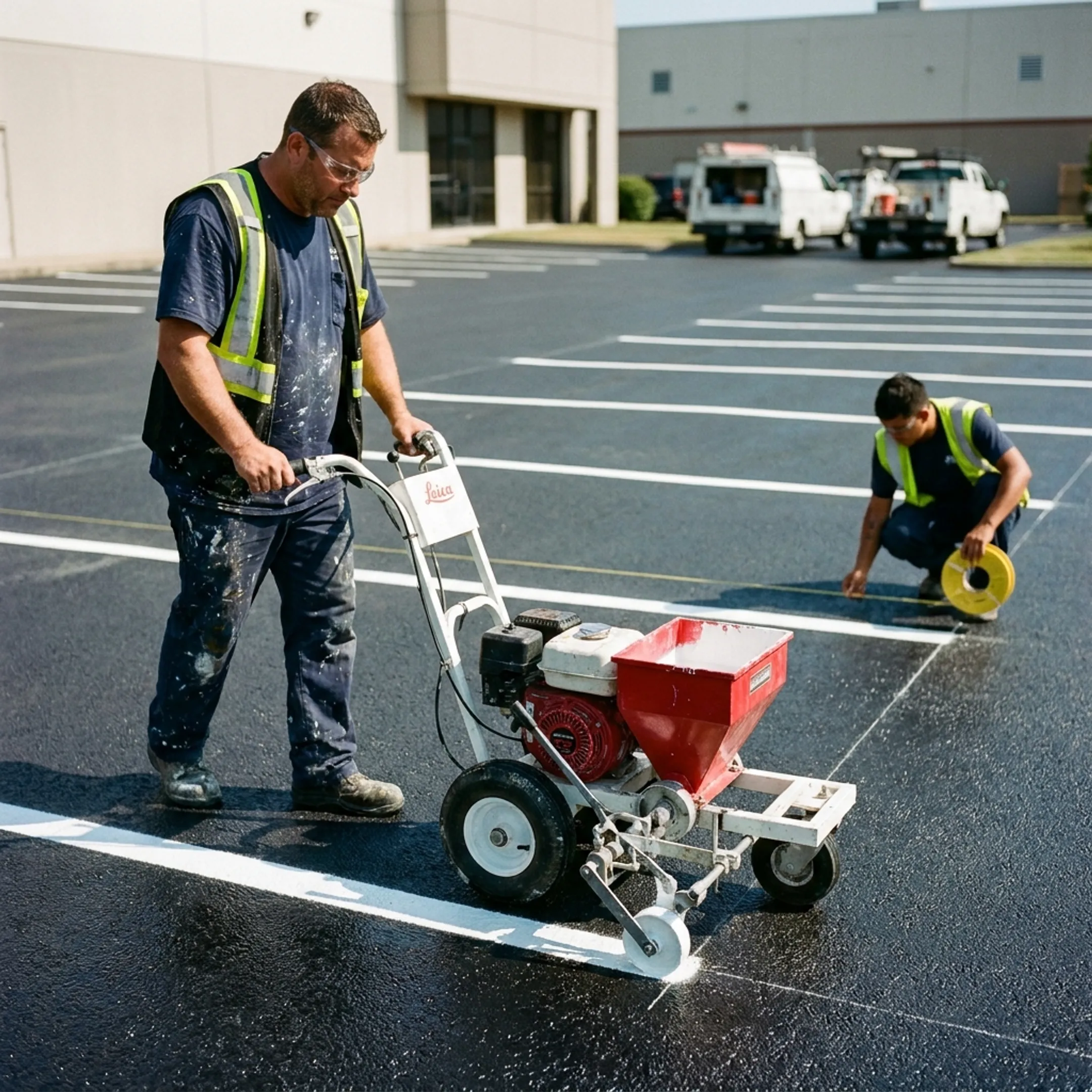 Crew applying parking lot line markings