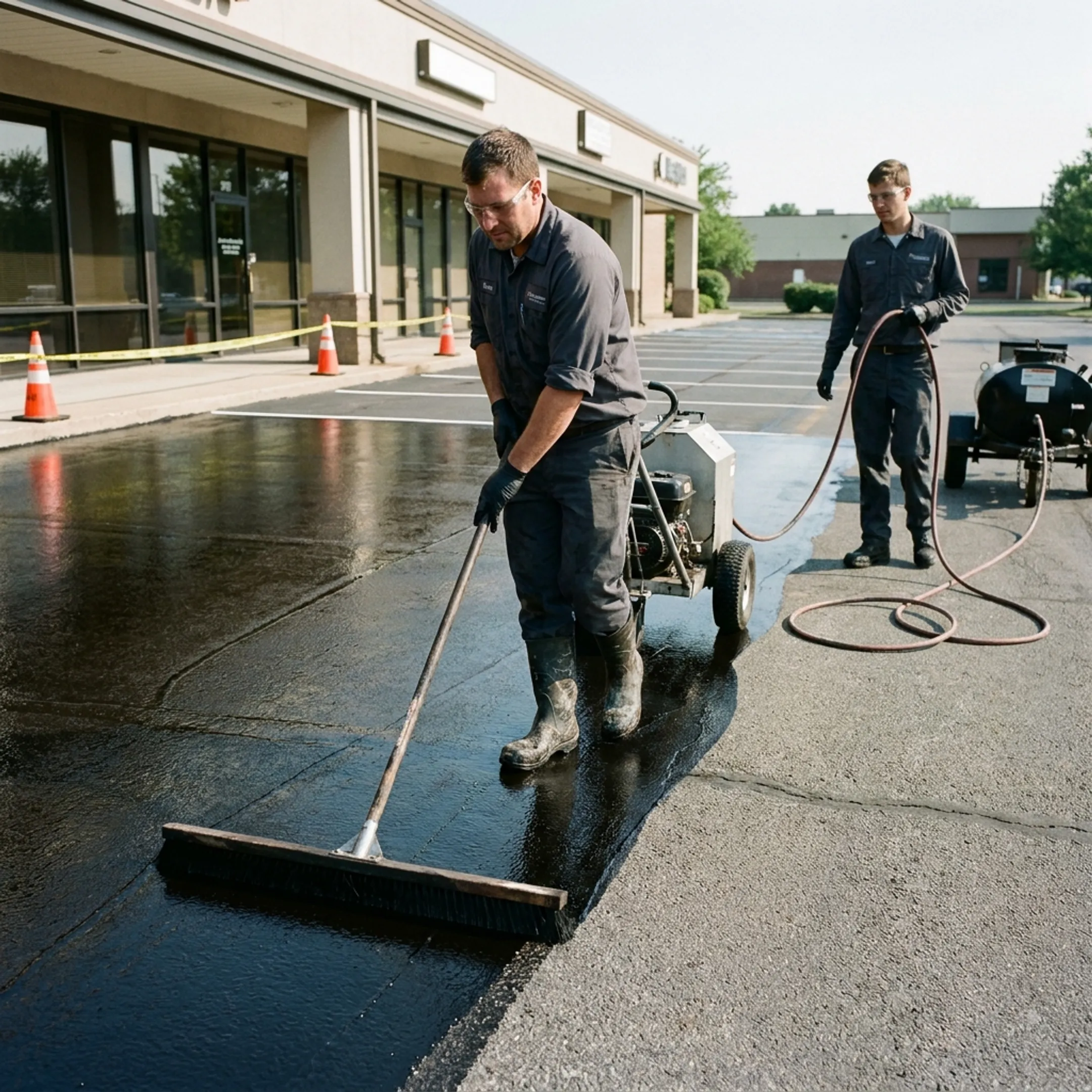 Crew applying seal coat to commercial pavement