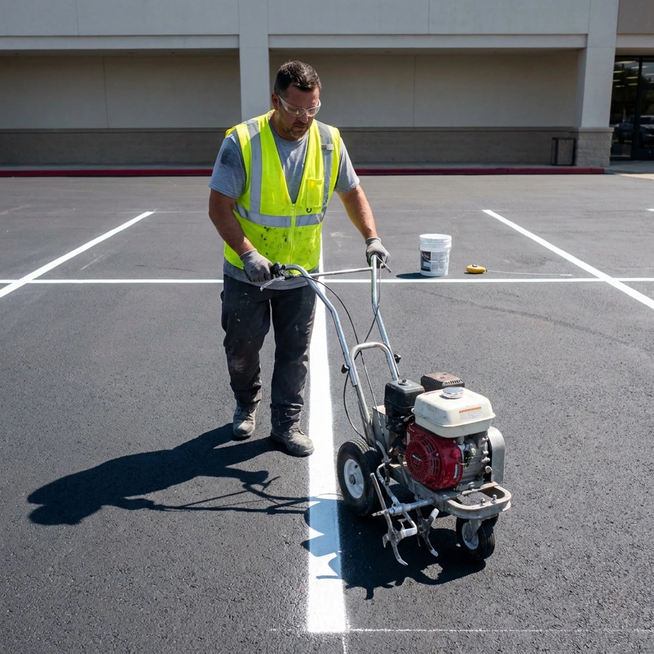 Contractor applying parking lot line paint