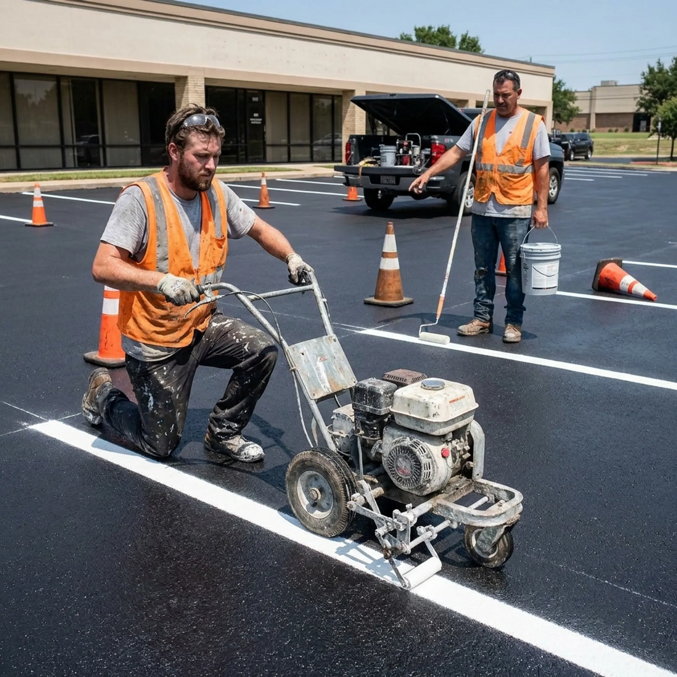 Crew applying fresh pavement markings at a business