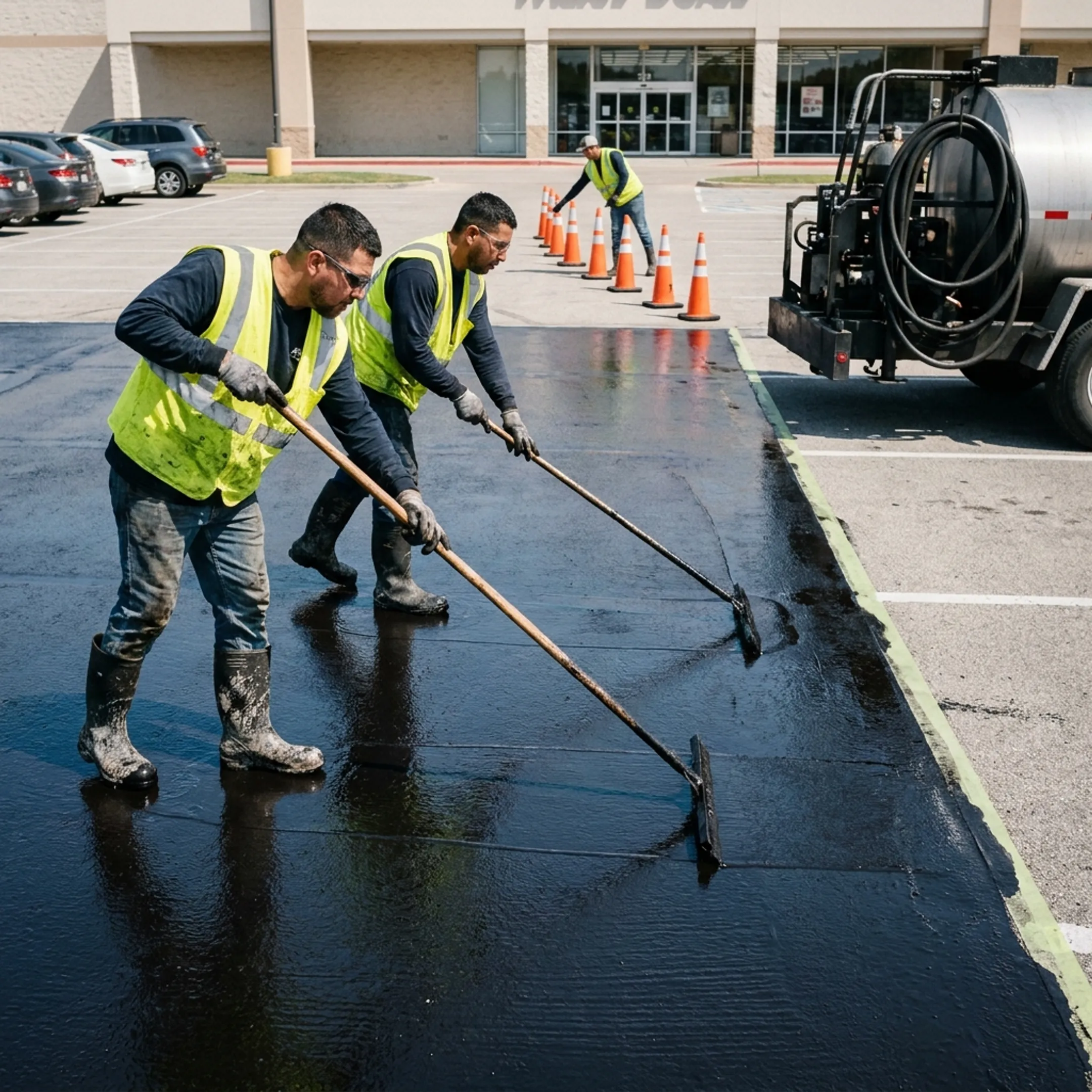 Crew applying sealcoat to parking lot