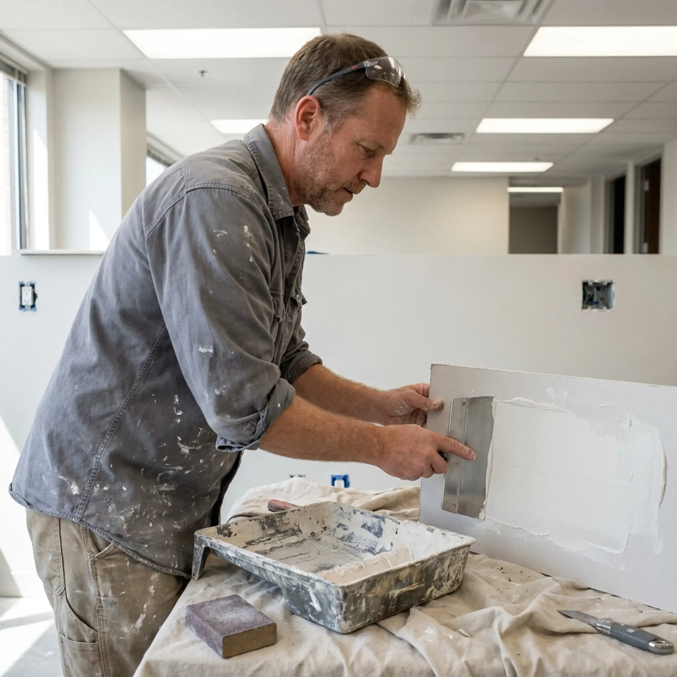 Technician smoothing a drywall patch