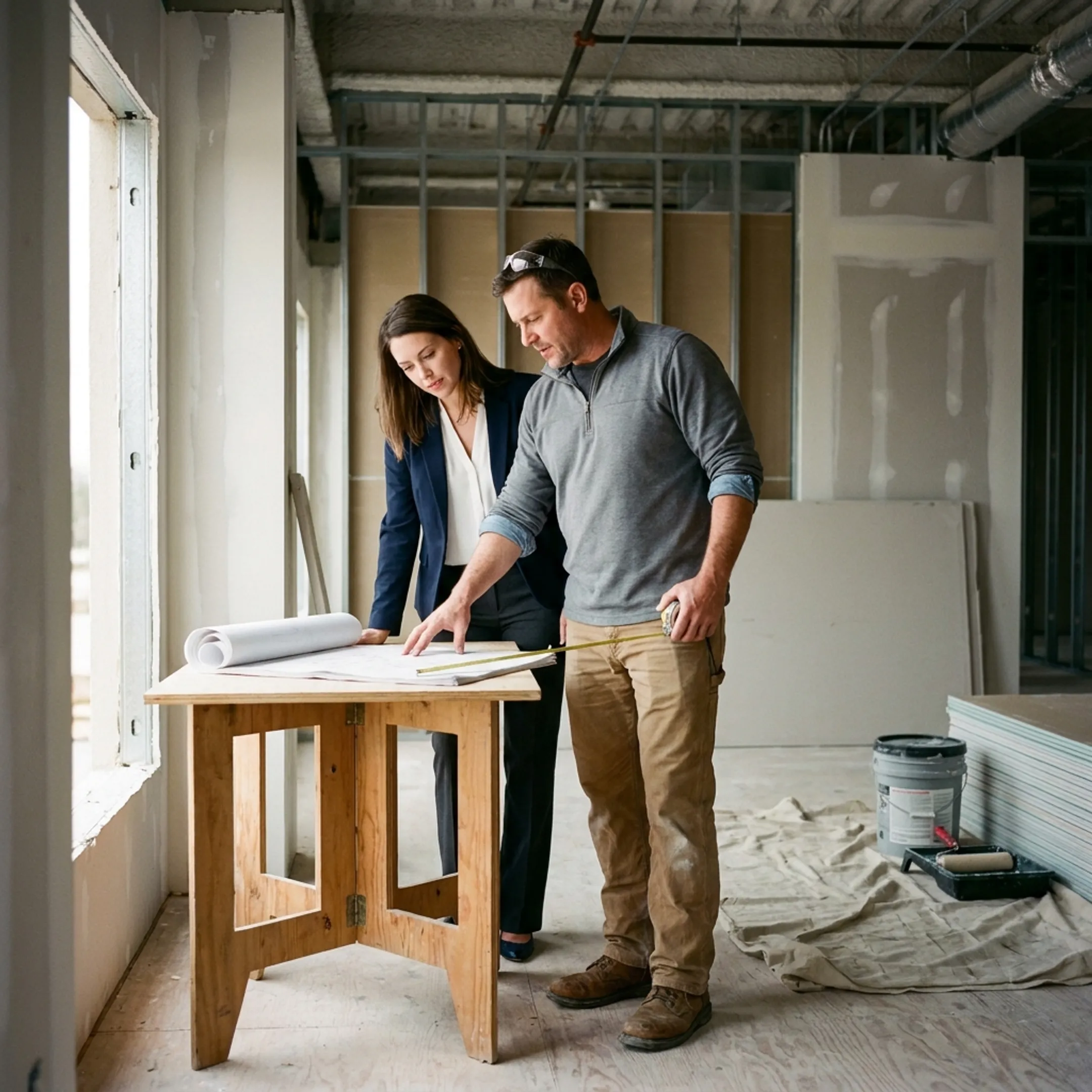 Commercial contractor reviewing office renovation plans