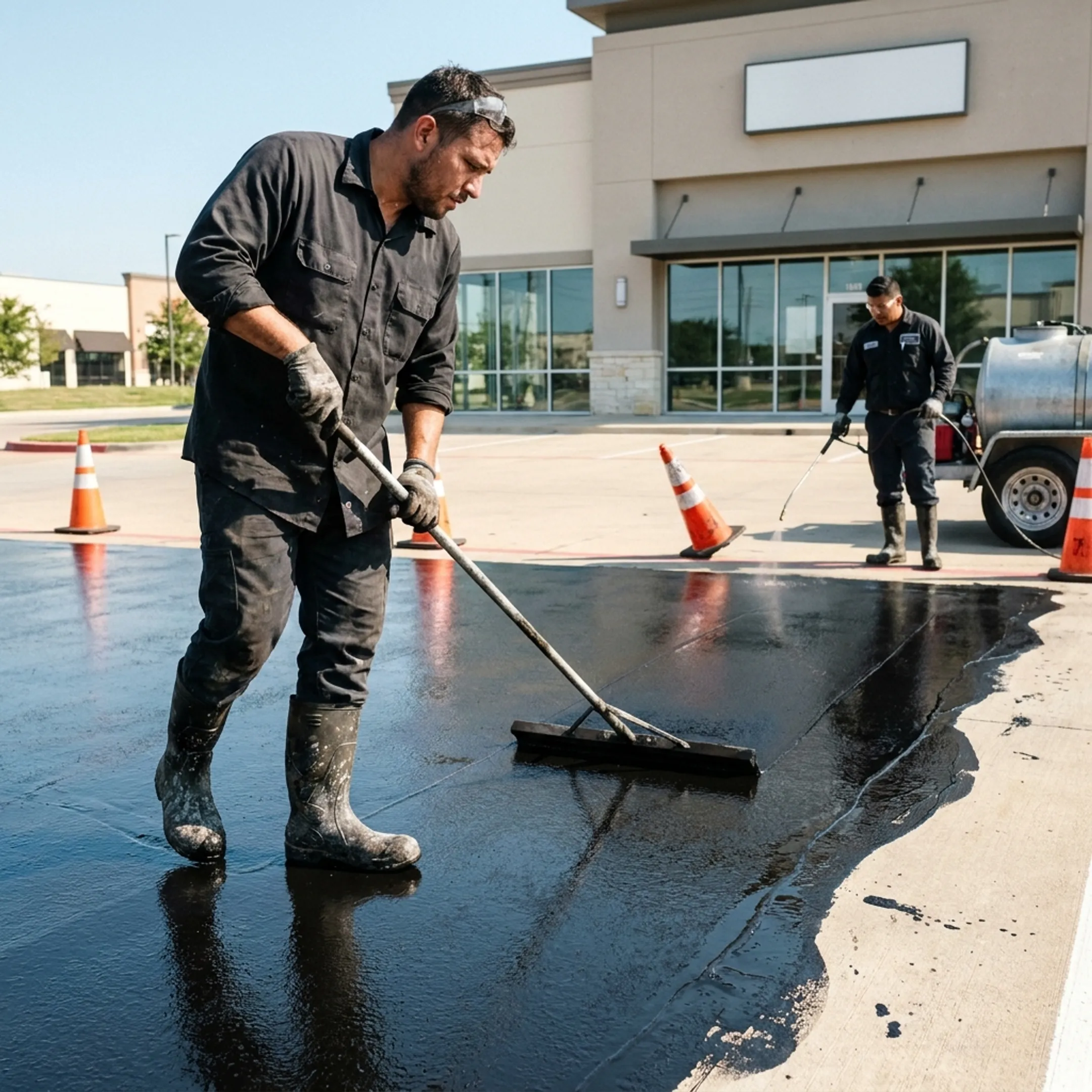 Crew applying protective asphalt seal coating