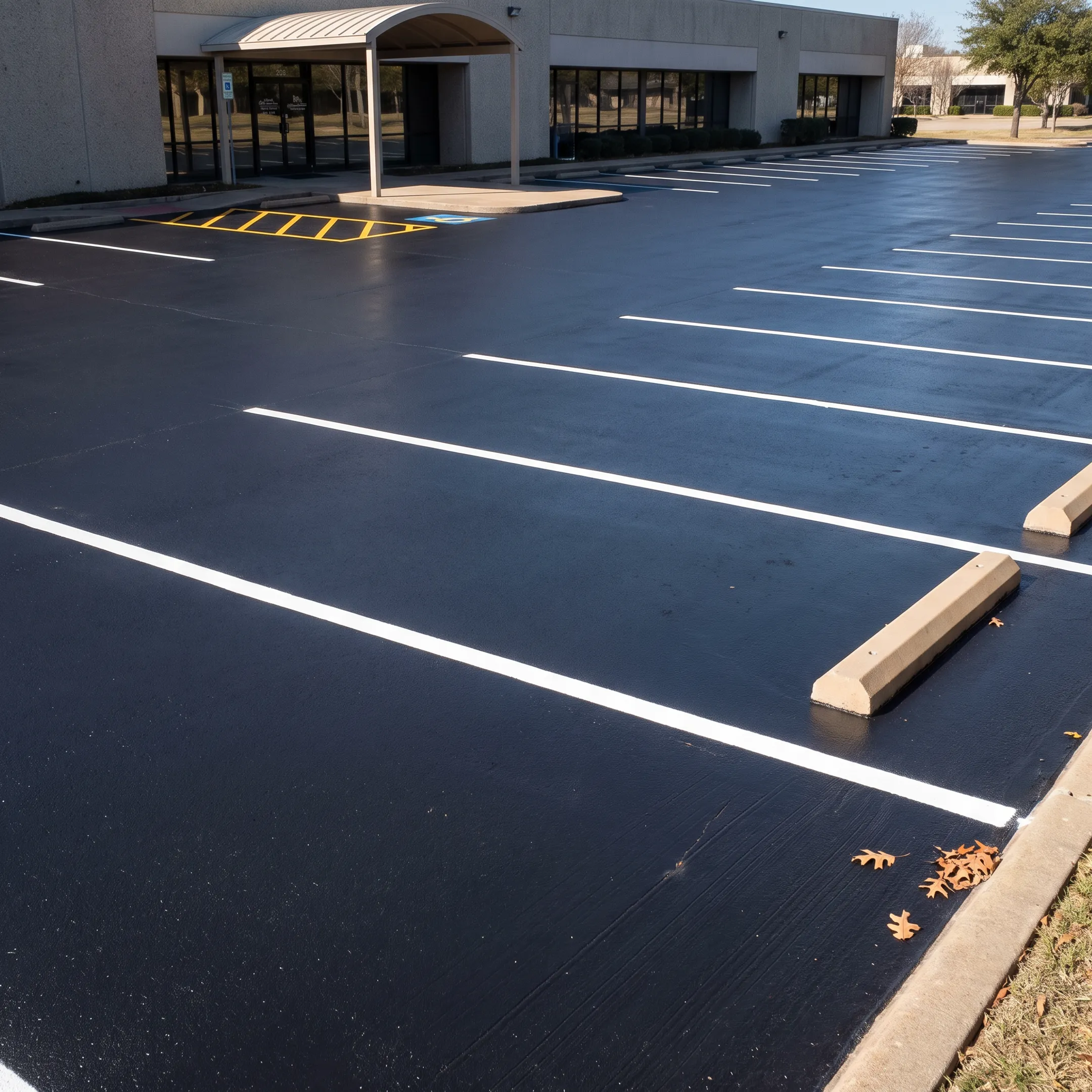 Freshly seal coated commercial parking lot