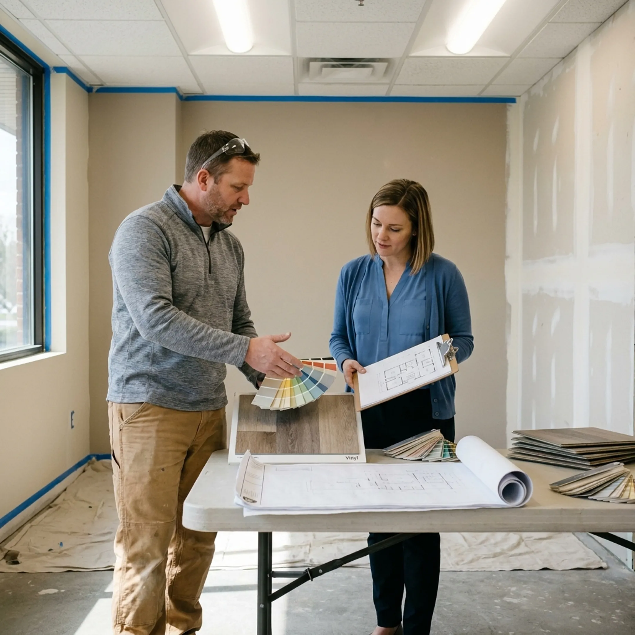 Professionals reviewing office renovation finishes