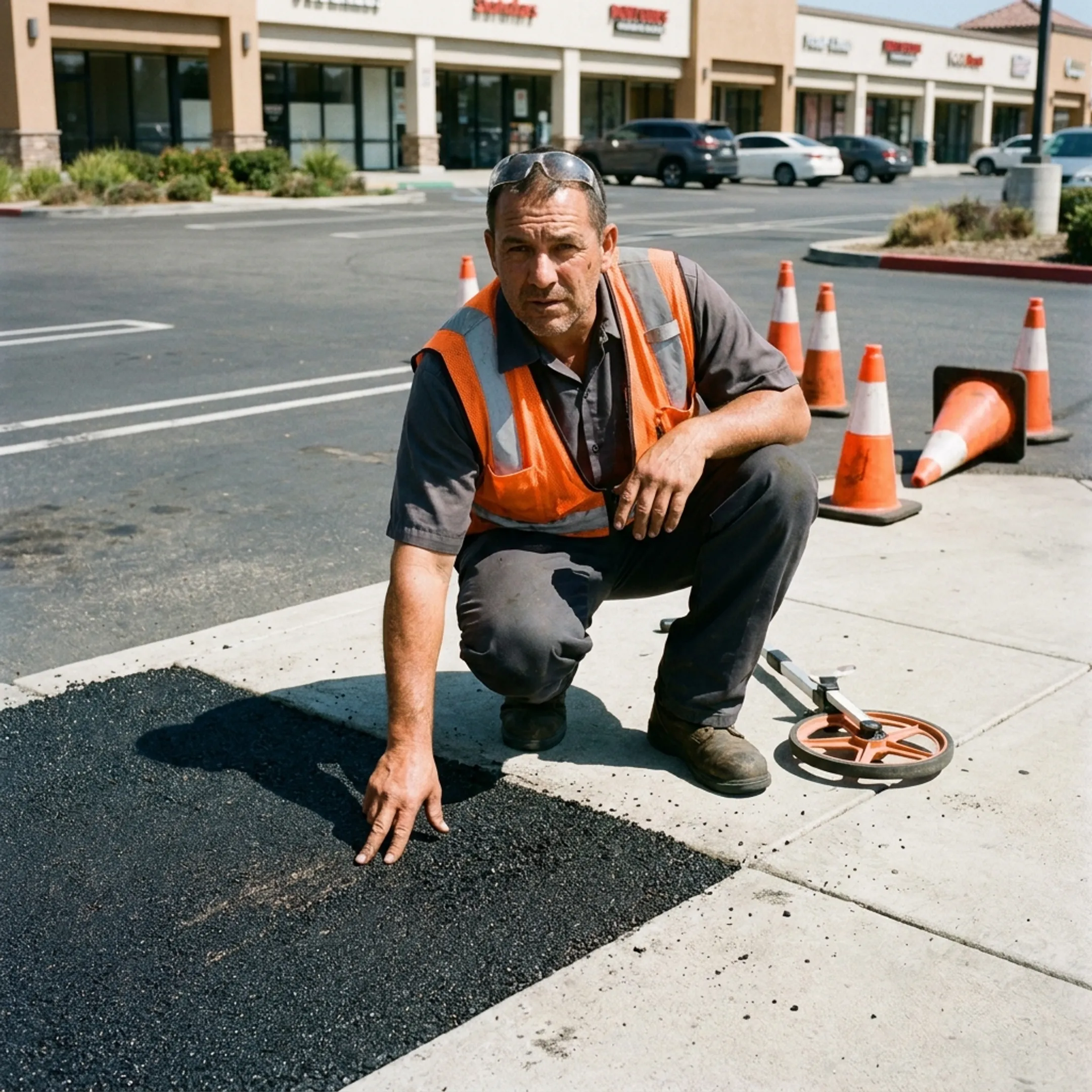 Contractor reviewing a commercial concrete and asphalt surface