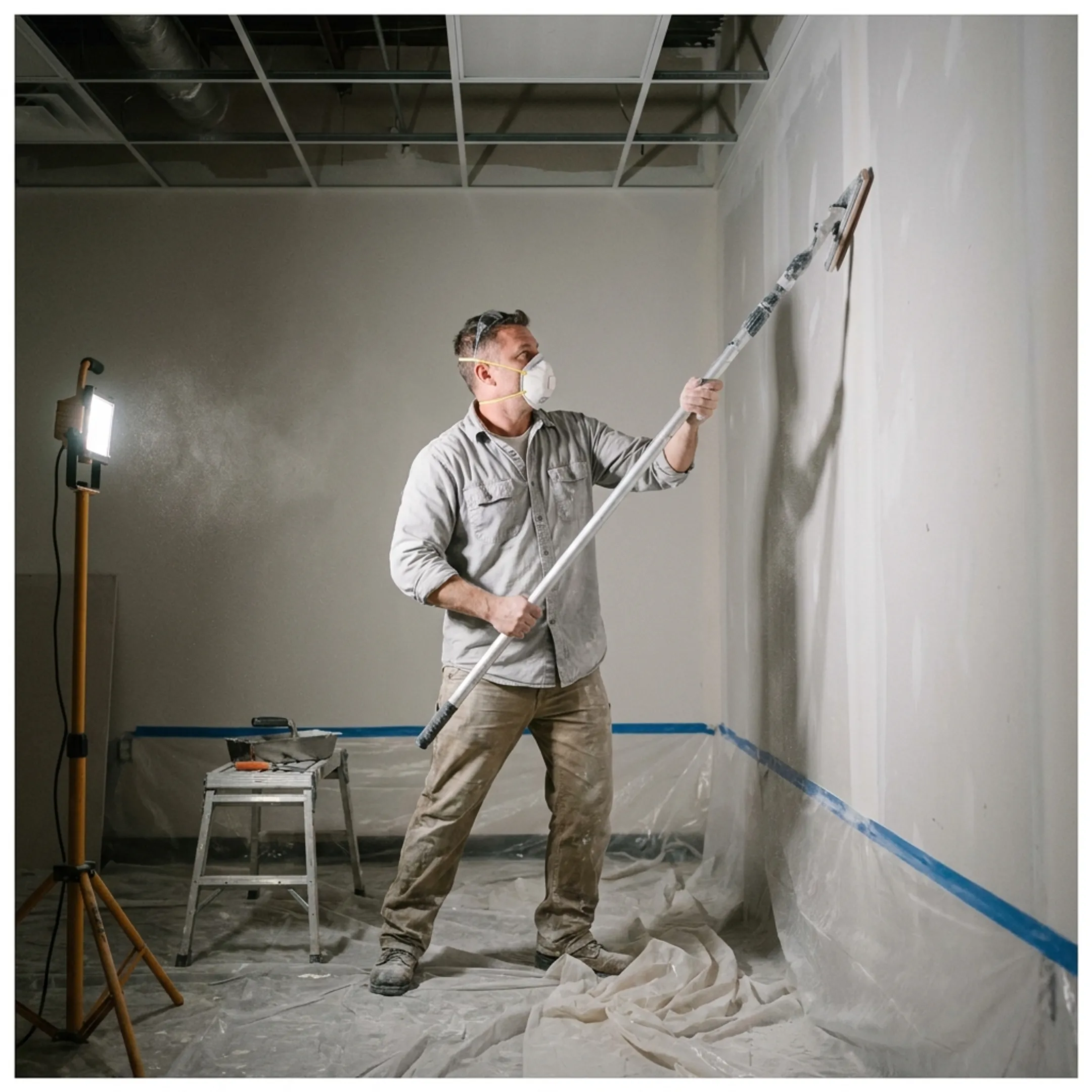 Smooth drywall repair being finished in an office