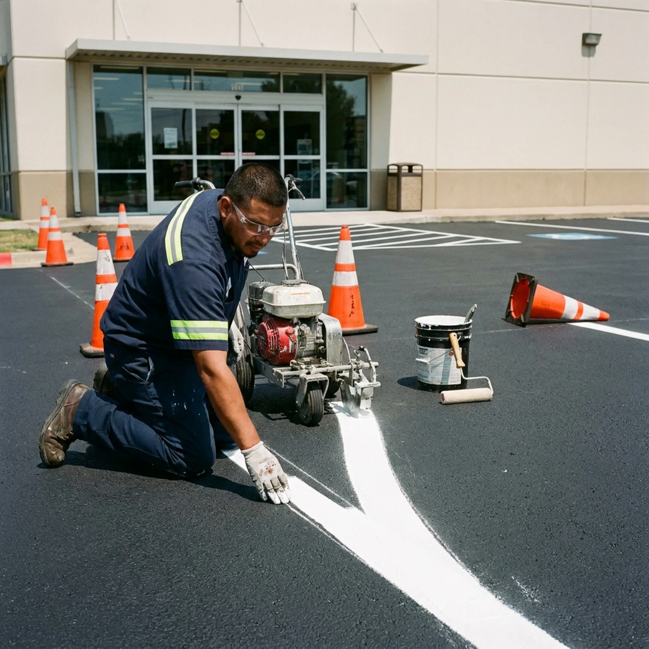 Crew applying fresh parking lot striping