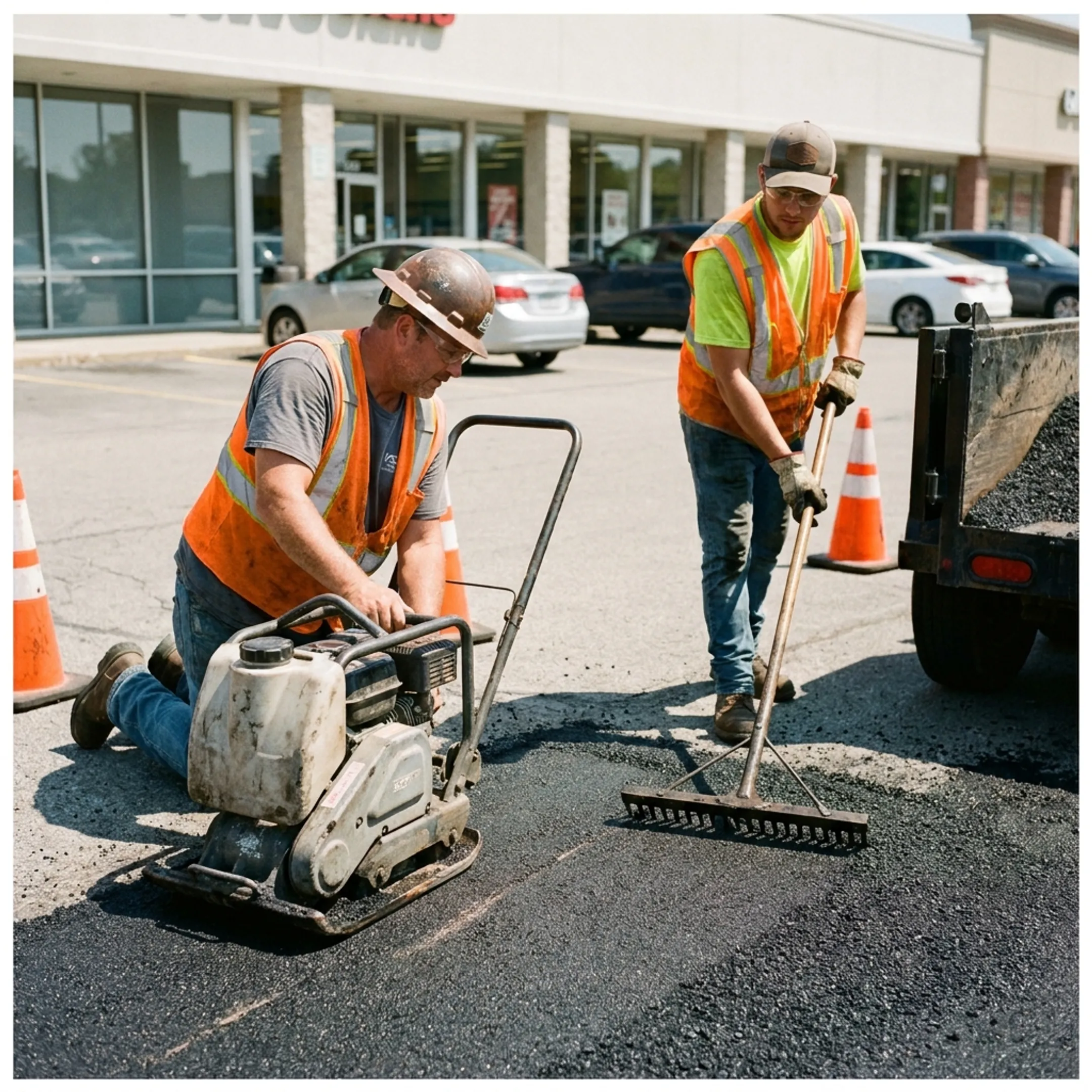 Crew preparing a commercial asphalt parking surface