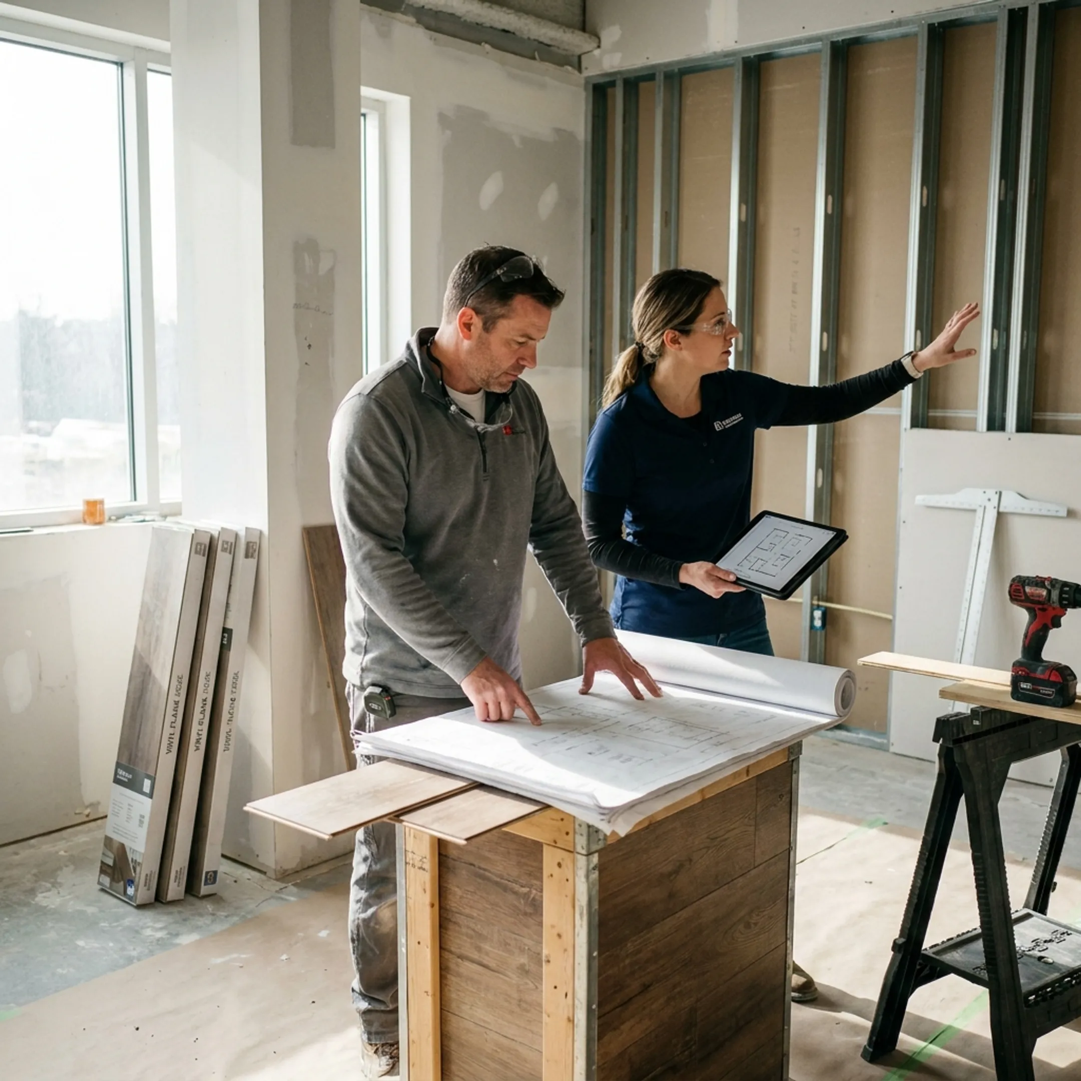 Commercial construction team reviewing a business renovation