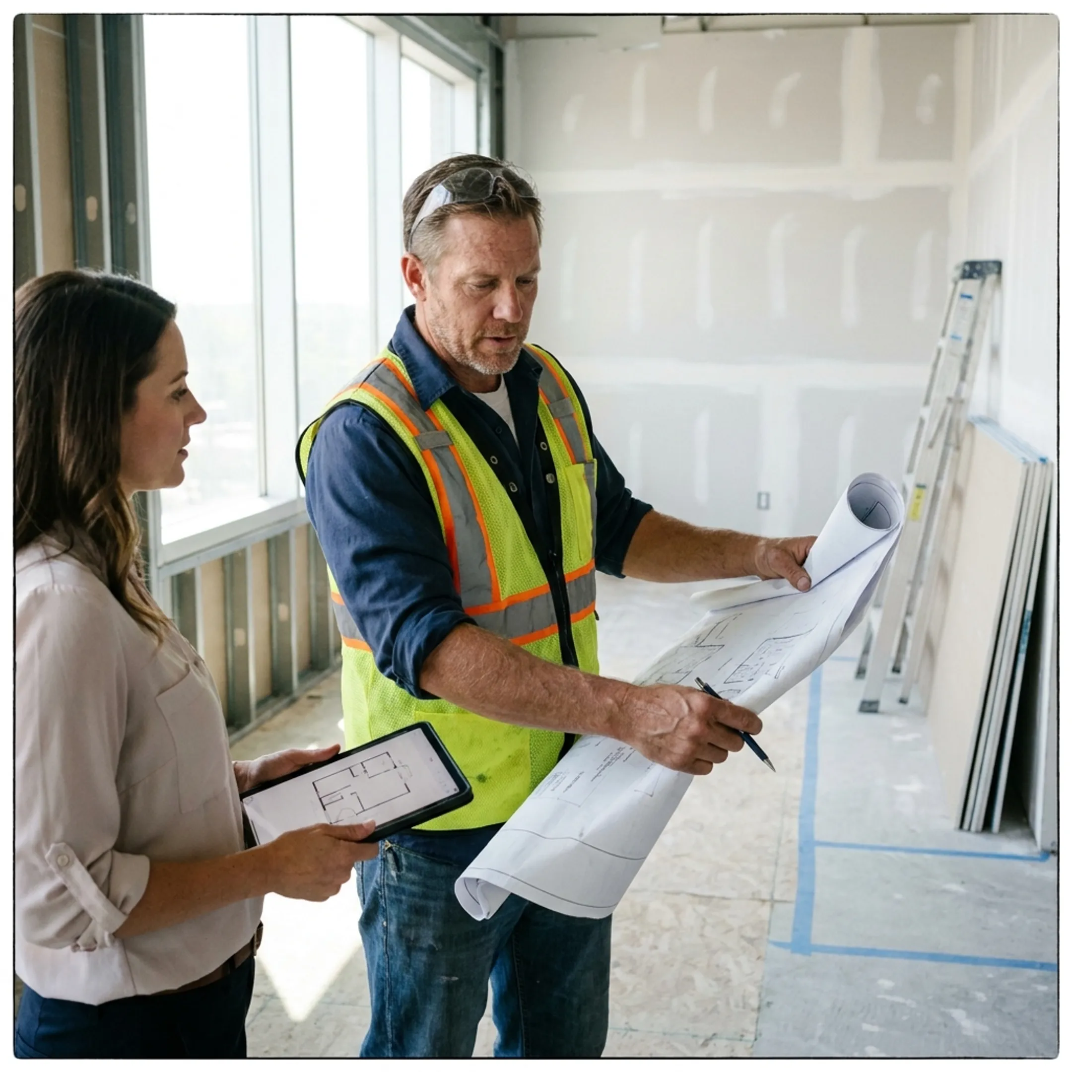 Commercial contractor reviewing an office renovation
