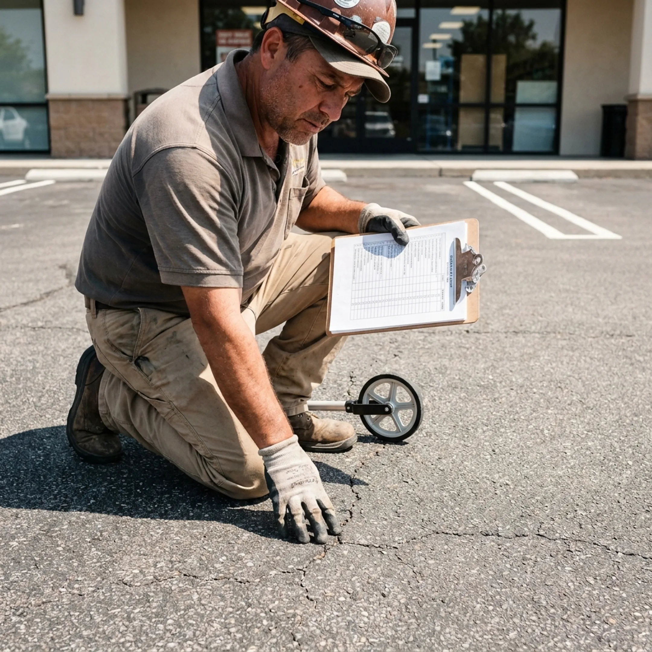 Technician inspecting cracks on an asphalt parking surface