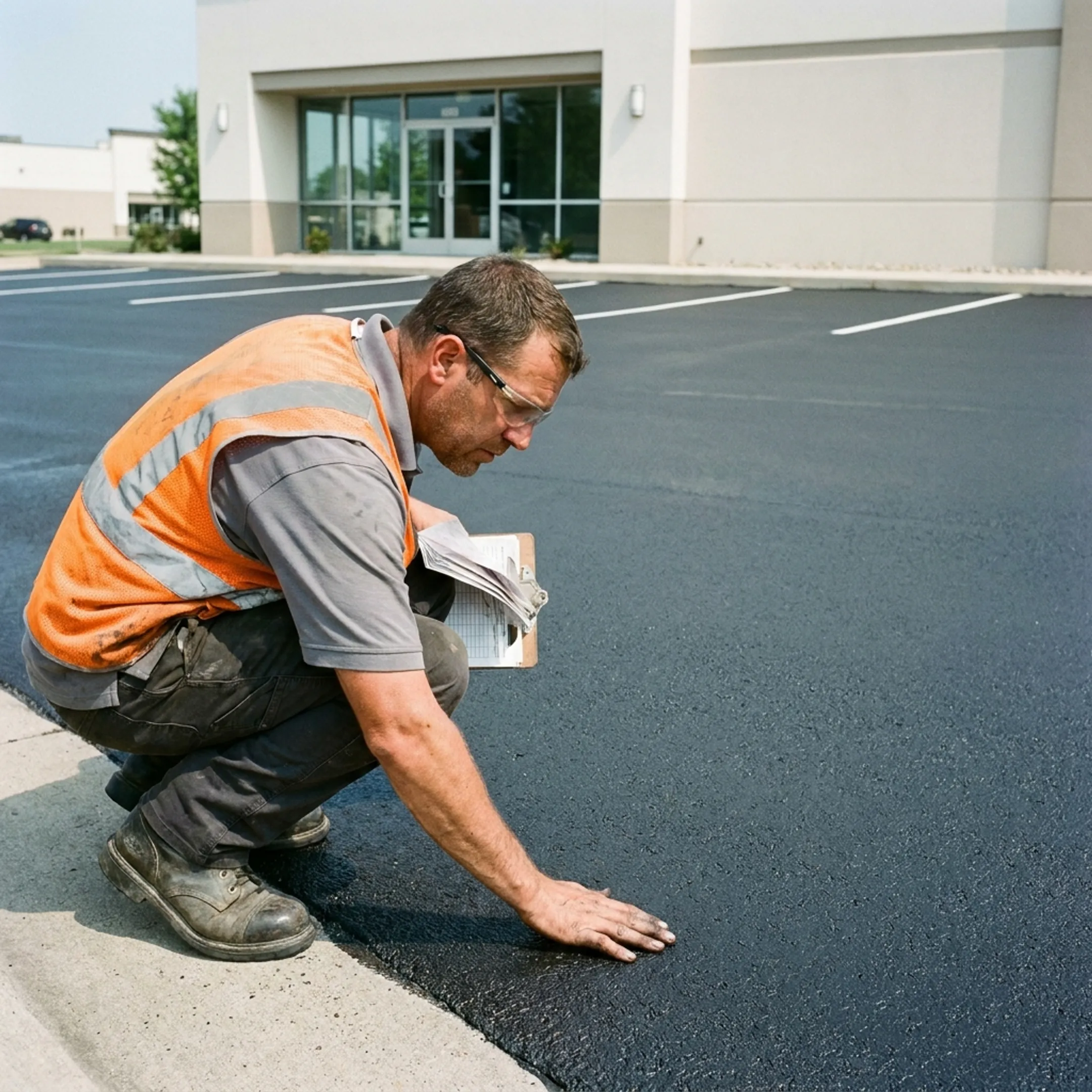 Freshly maintained asphalt driveway outside a commercial property