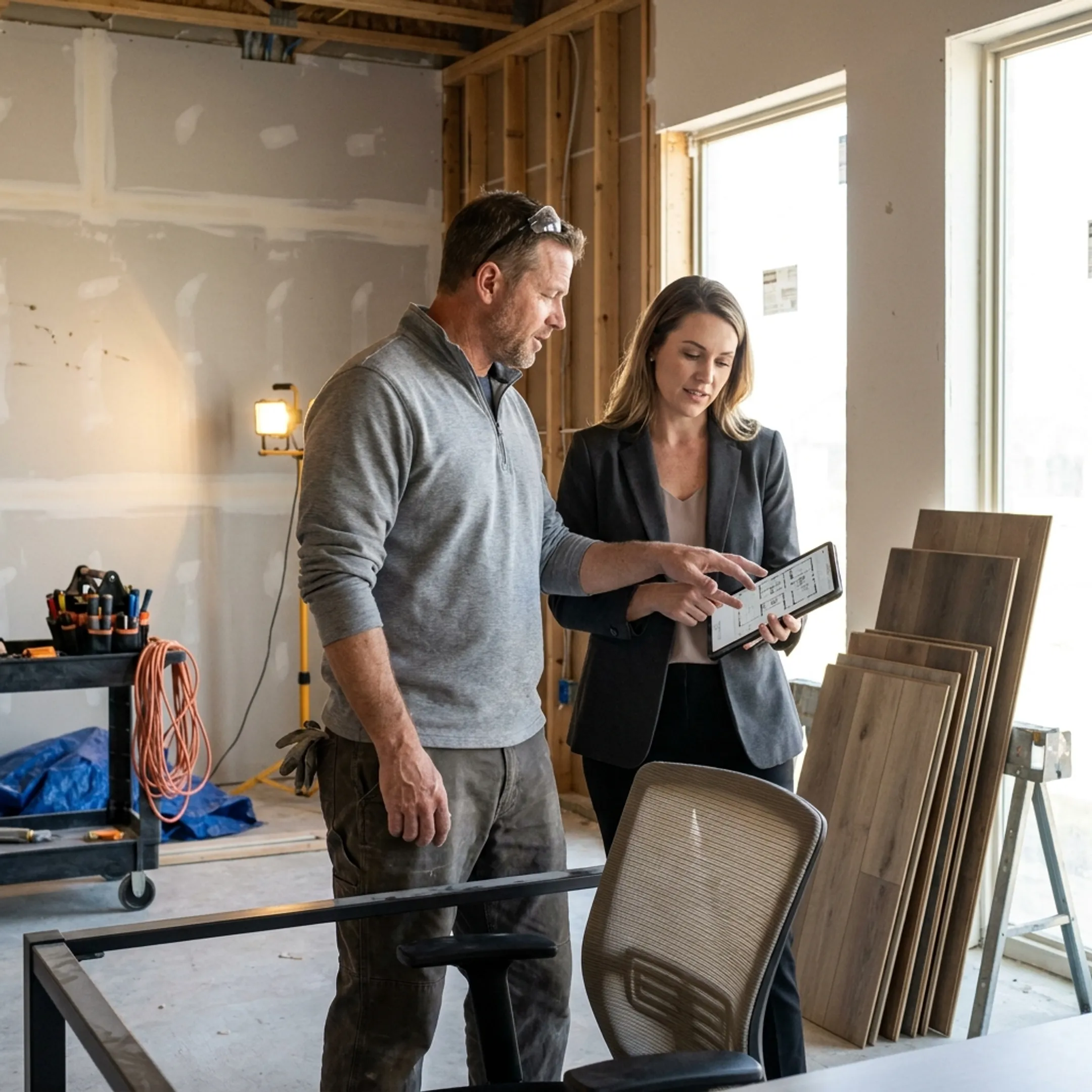 Contractor reviewing office refit plans