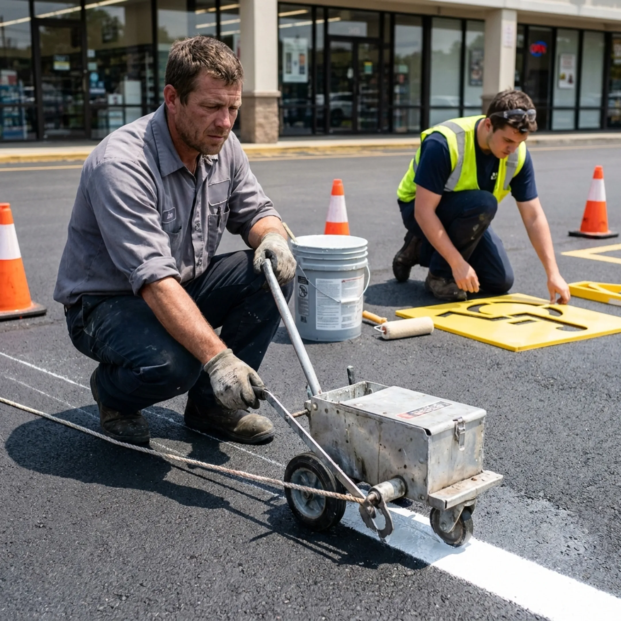 Crew applying fresh parking lot markings